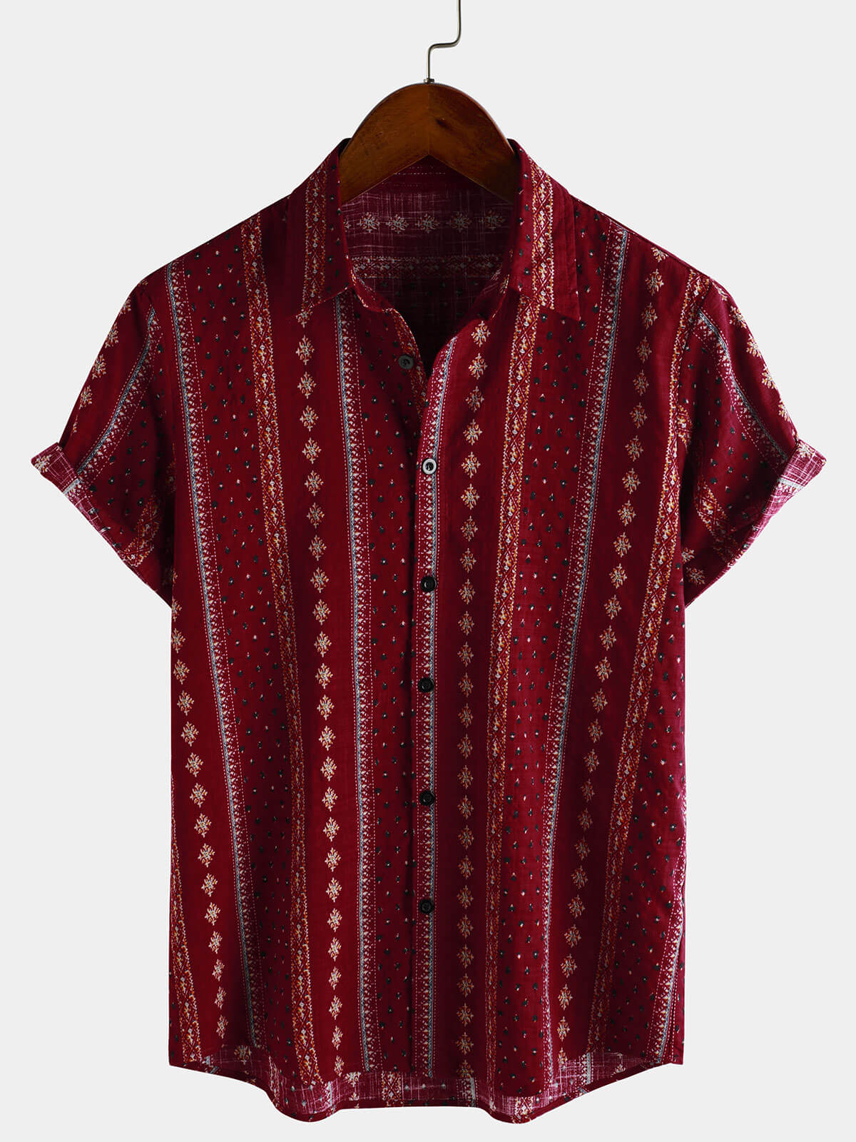 Camisa retro Red a rayas estampado Button Up 70s vintage de manga corta para hombre