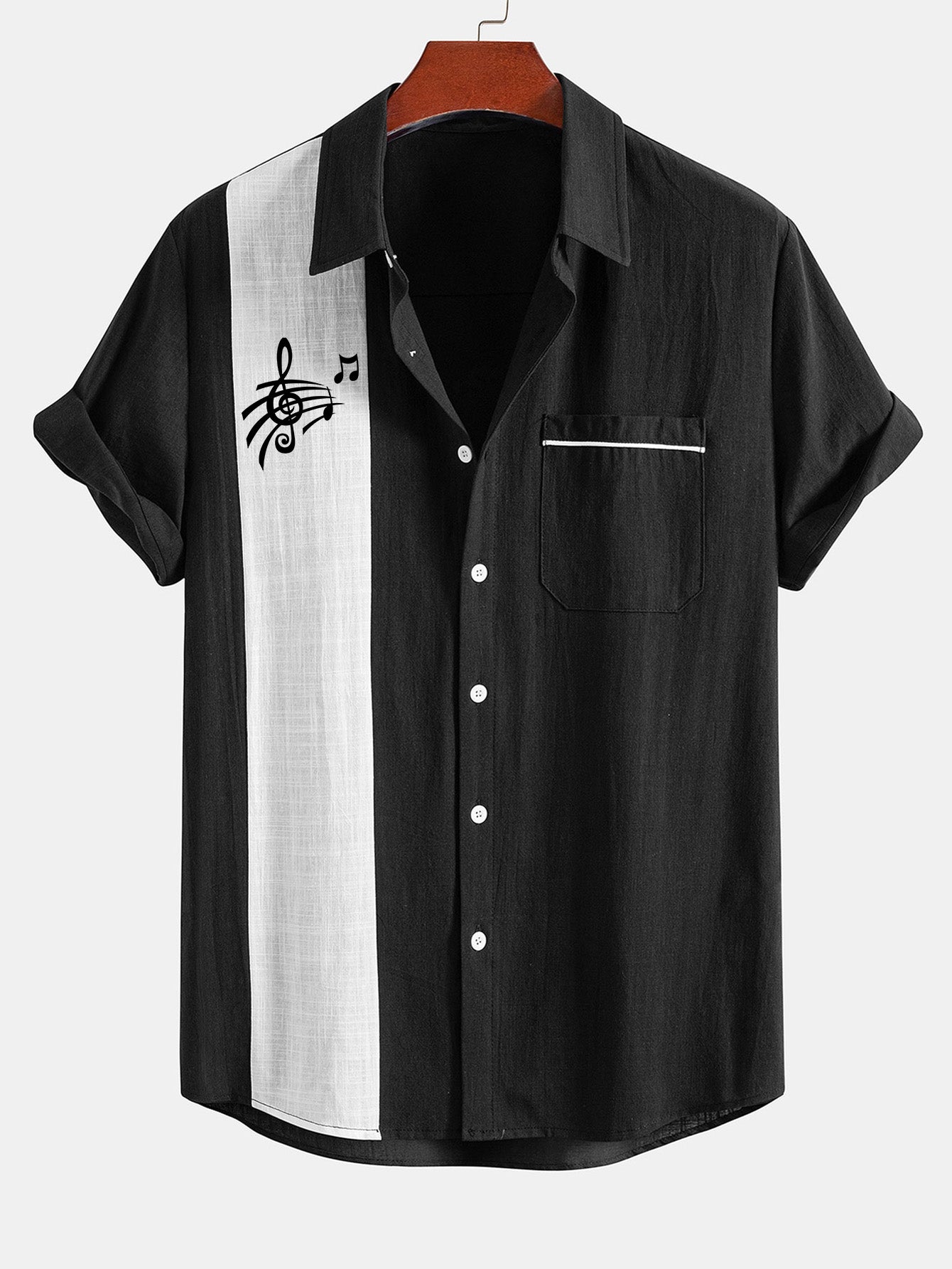 Camisa Musical Note estampado de lino Look Contrast Button Up