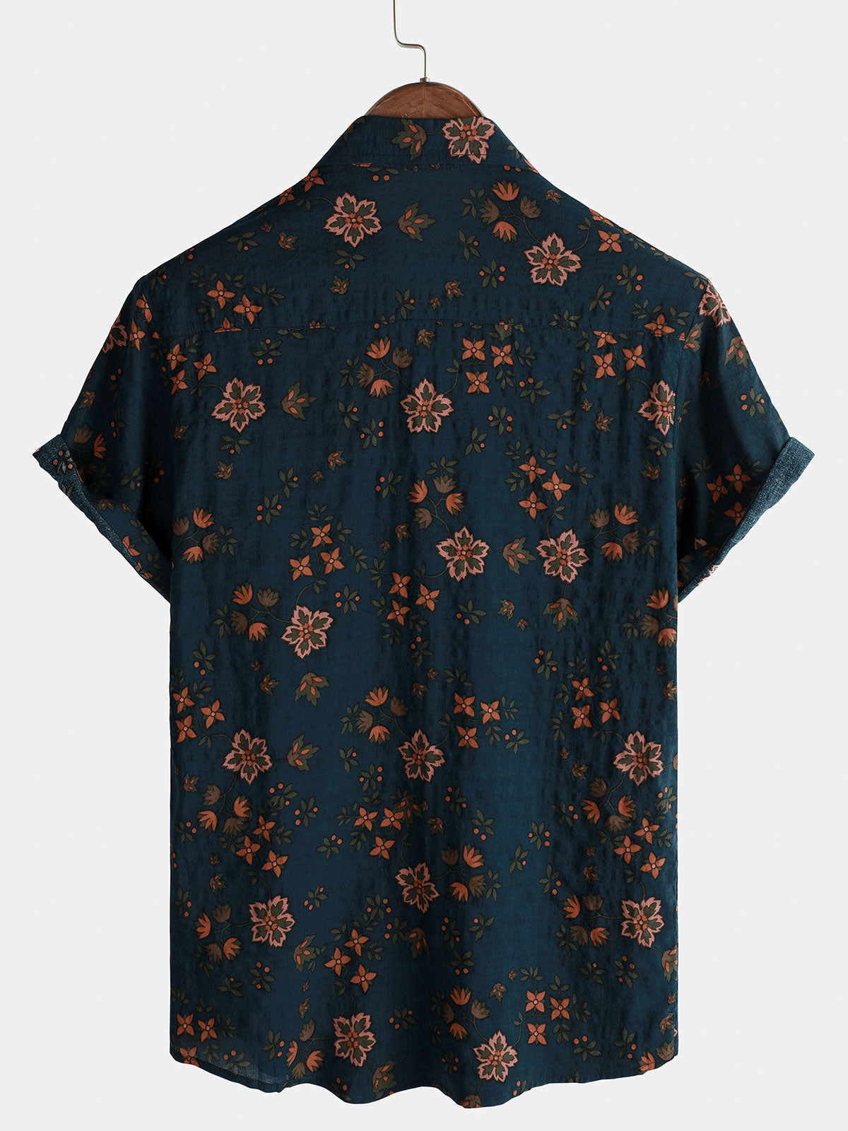 Camisa Summer floral Navy Blue Button Up de manga corta de algodón para hombre