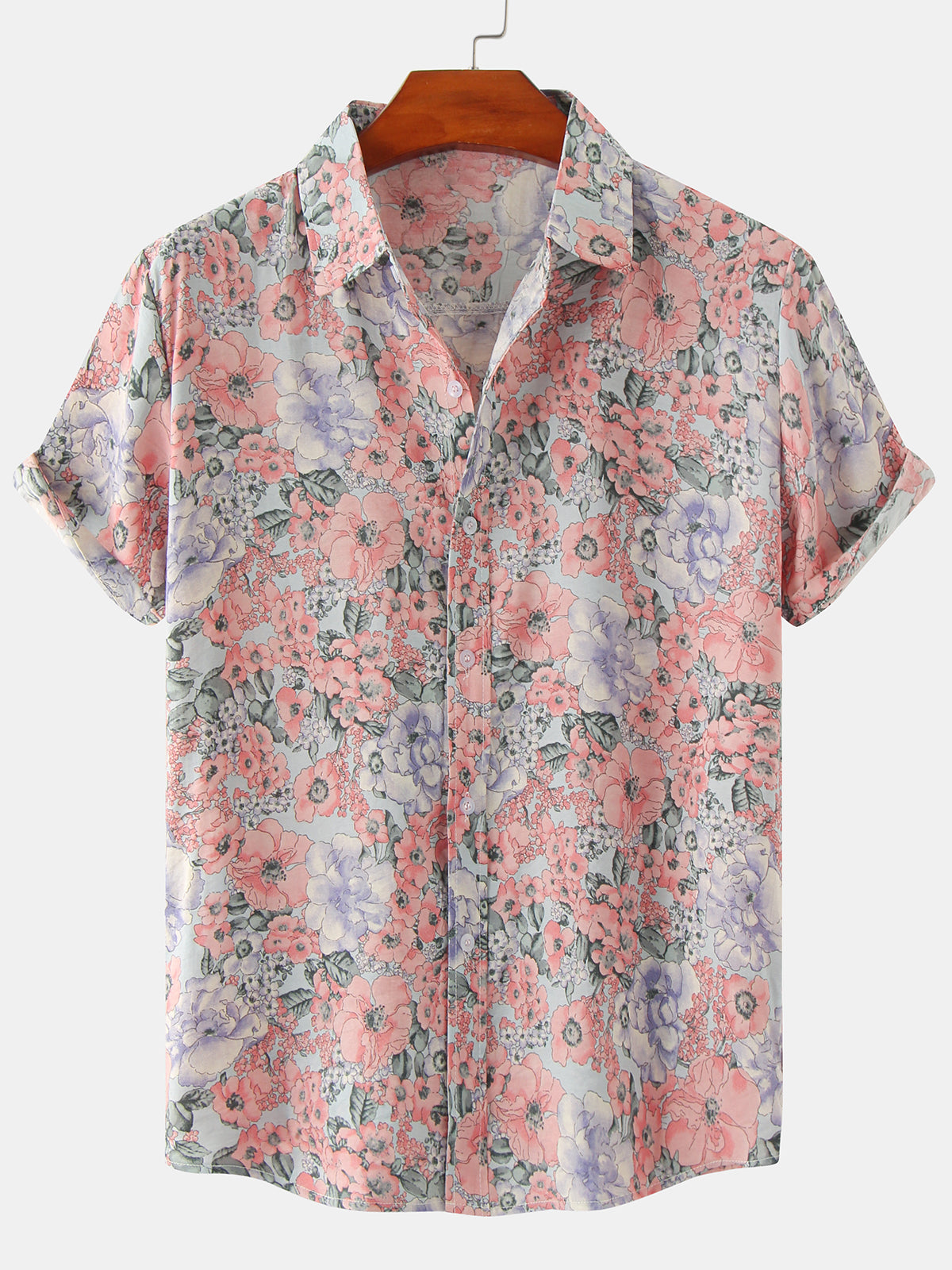Camisa vintage floral estampado Summer casual Pink de manga corta para hombre