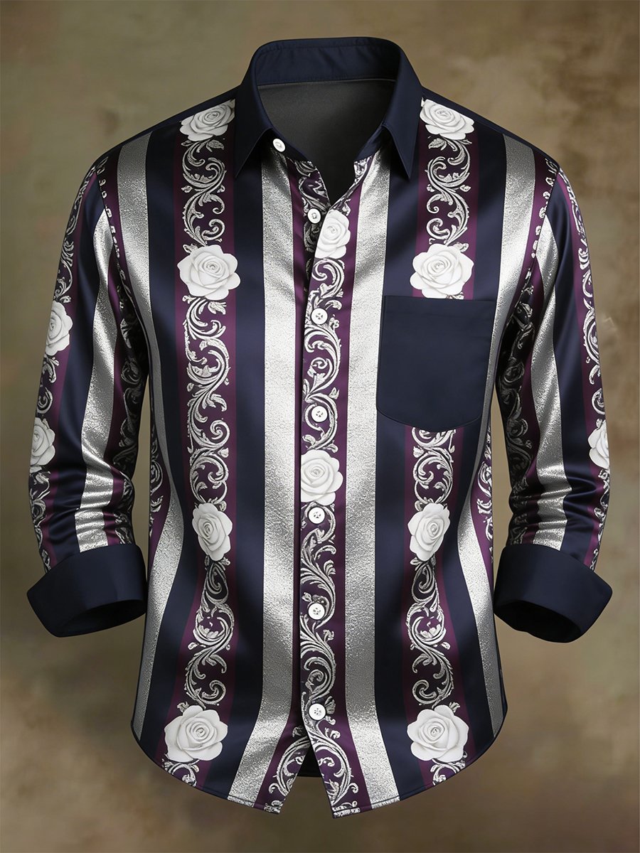 Camisa retro ejecutivo casual Baroque Rose a rayas de manga larga para hombre