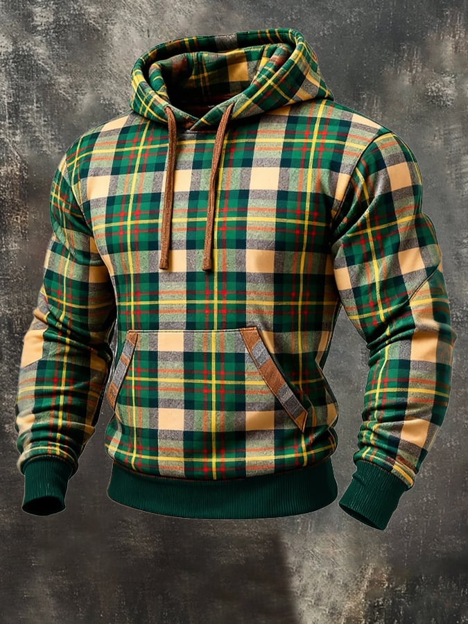 Sudadera retro a cuadros Contrast Color Hooded para hombre