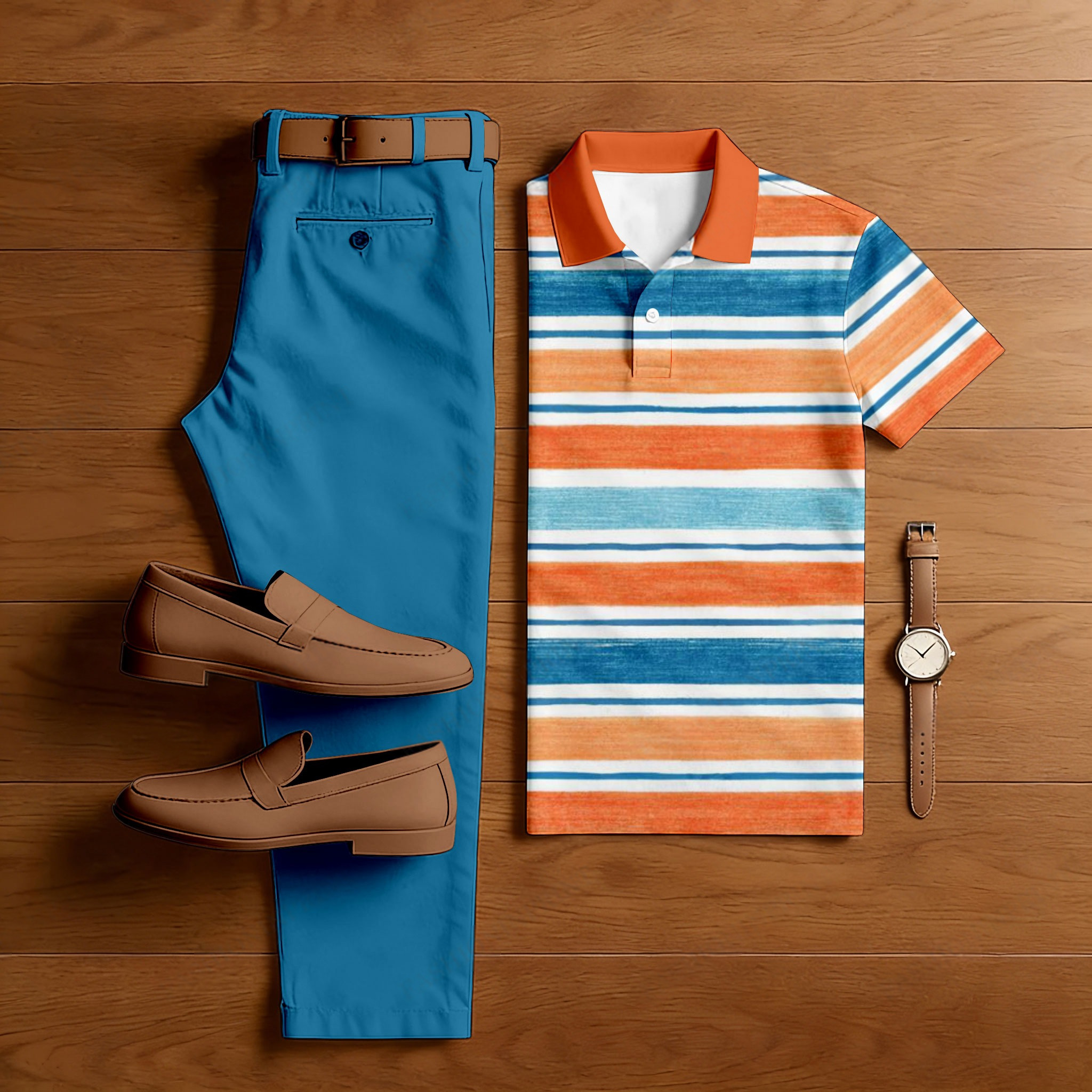 Conjunto de dos piezas casual Blue & Orange & White Color Matching a rayas Art estampado de manga corta camisa polo & Trousers para hombre