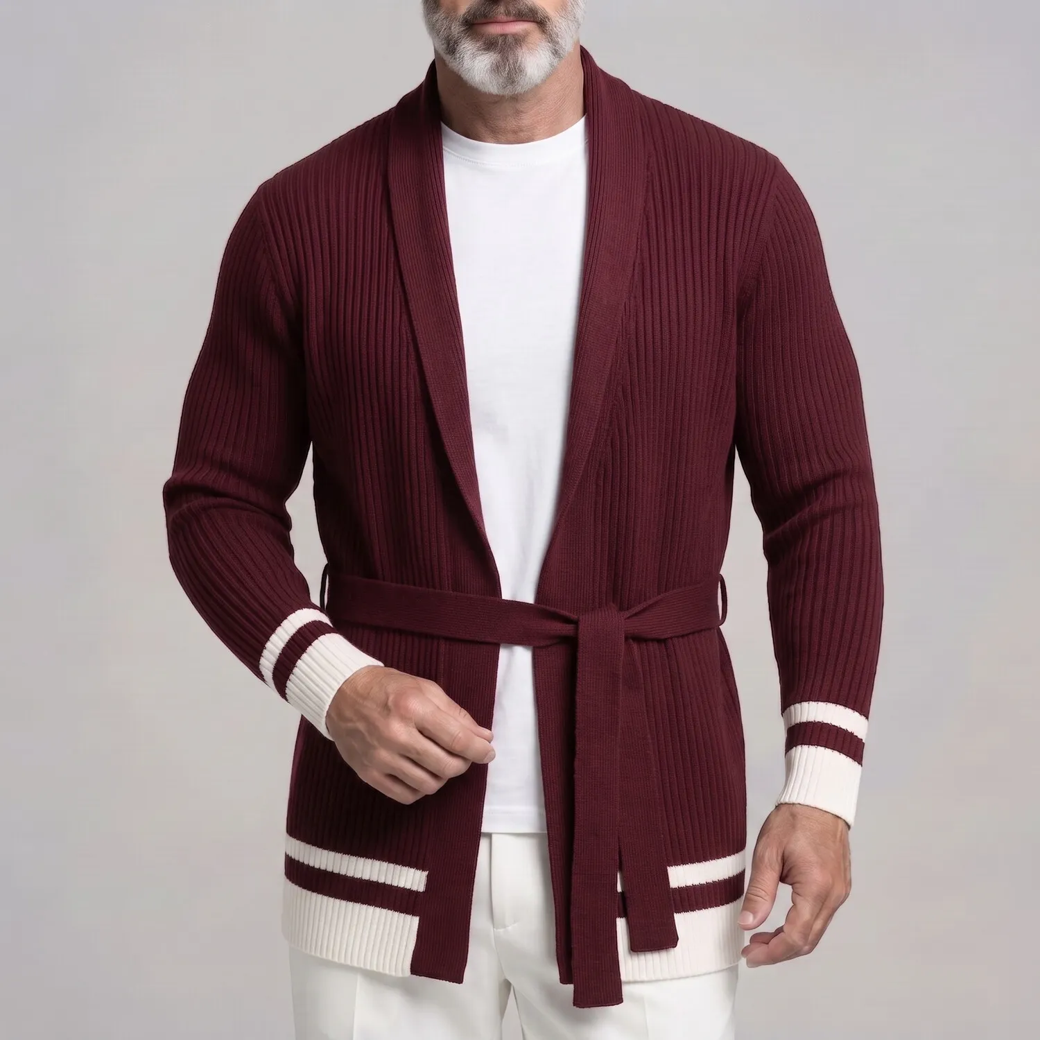 para hombre casual Shawl Collar Ribbed tejido Self Tie Belt Contrast a rayas de manga larga Open Front Cardigan