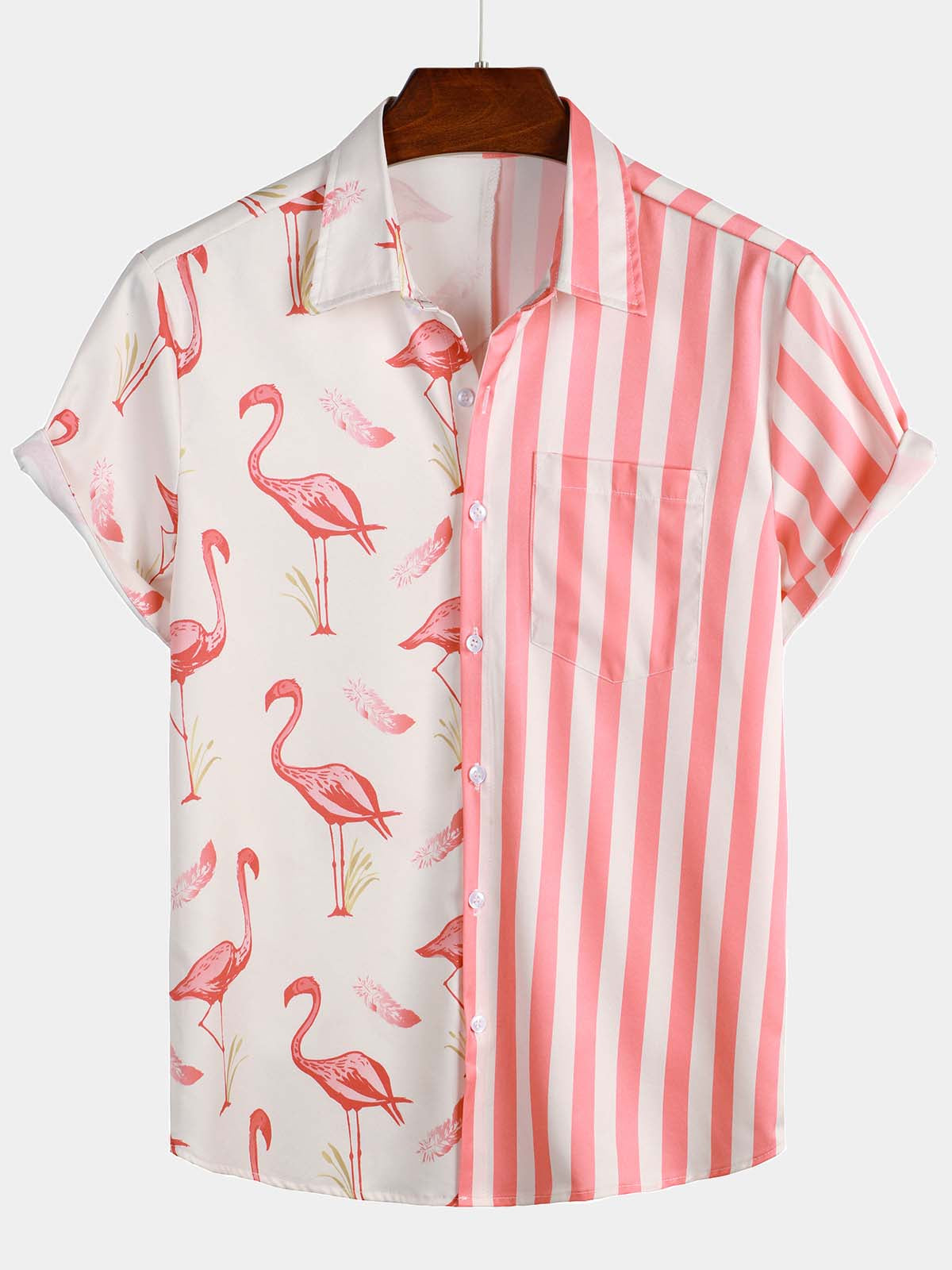 Camisa Pink Flamingo & a rayas estampado Pocket de manga corta para hombre