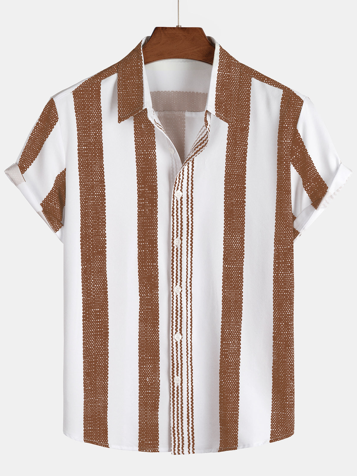Camisa vintage Brown Vertical a rayas casual de manga corta para hombre