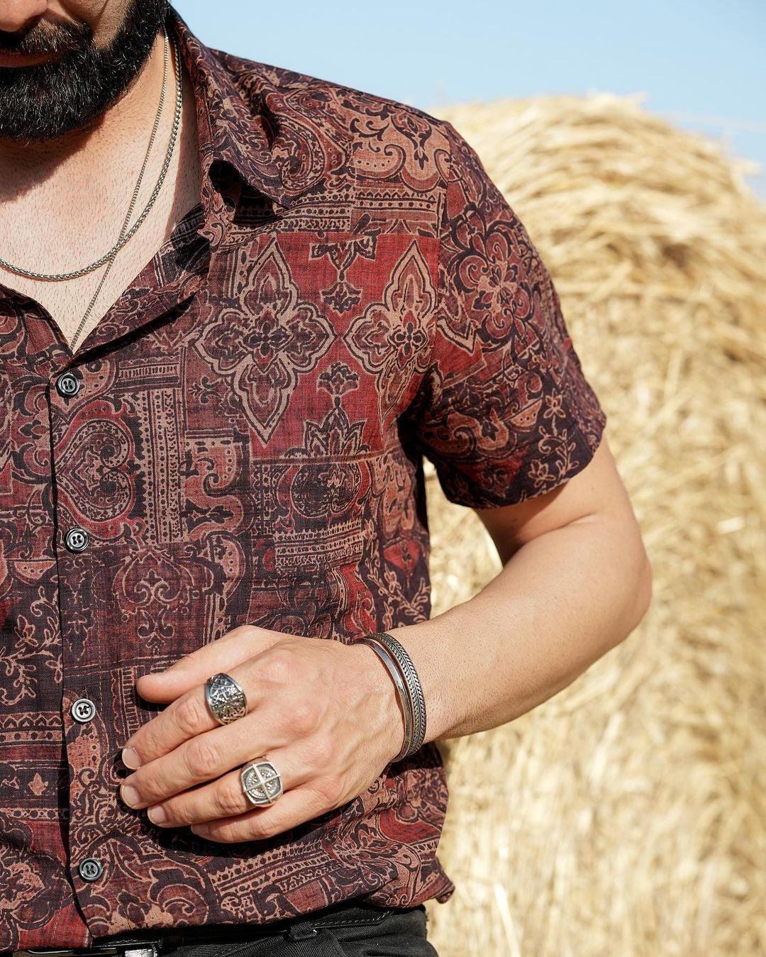 Camisa retro Paisley floral estampado de algodón Button Up vintage Holiday Western Brown de manga corta para hombre