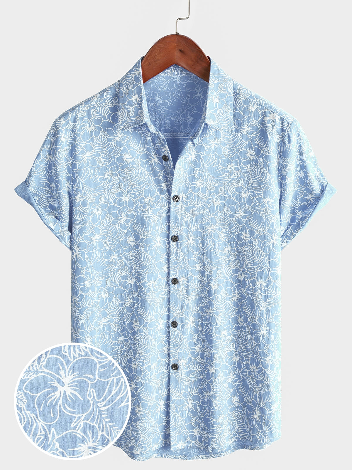 Camisa de algodón floral Holiday Flower estampado Button Up Beach Light Blue Hawaiian de manga corta para hombre