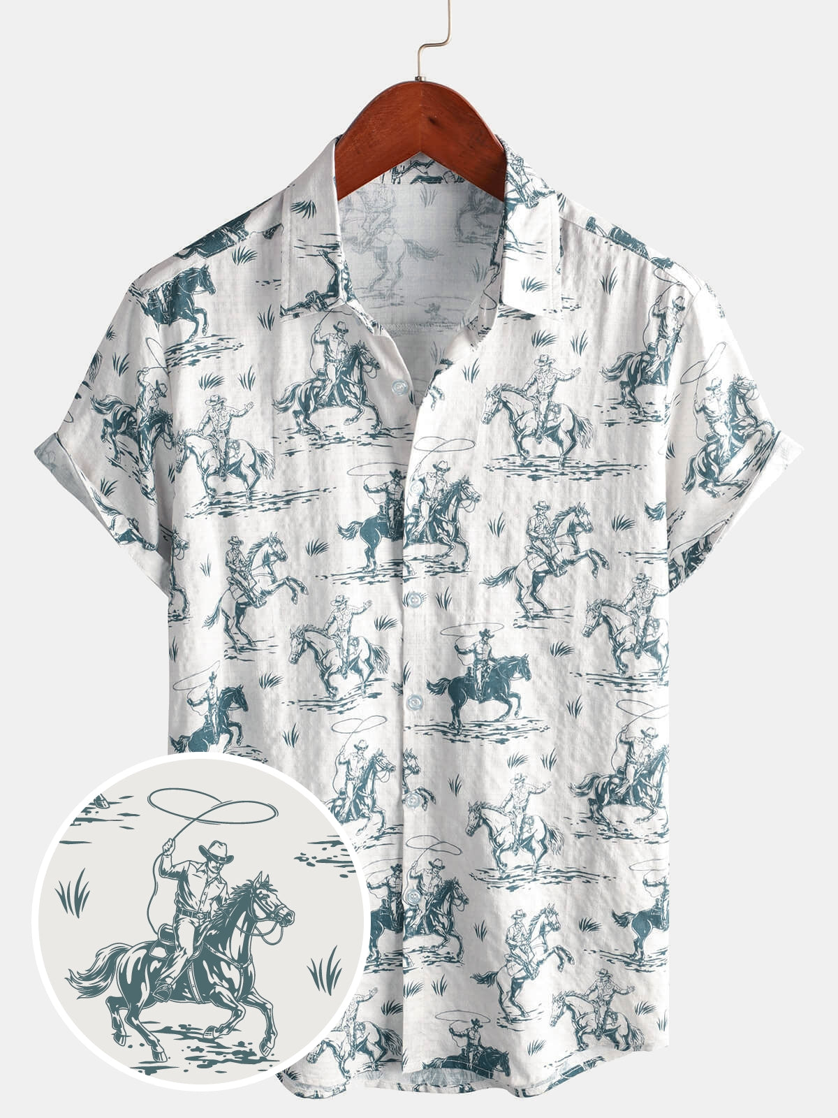Camisa Horse estampado Cowboy Button Up Holiday de manga corta para hombre