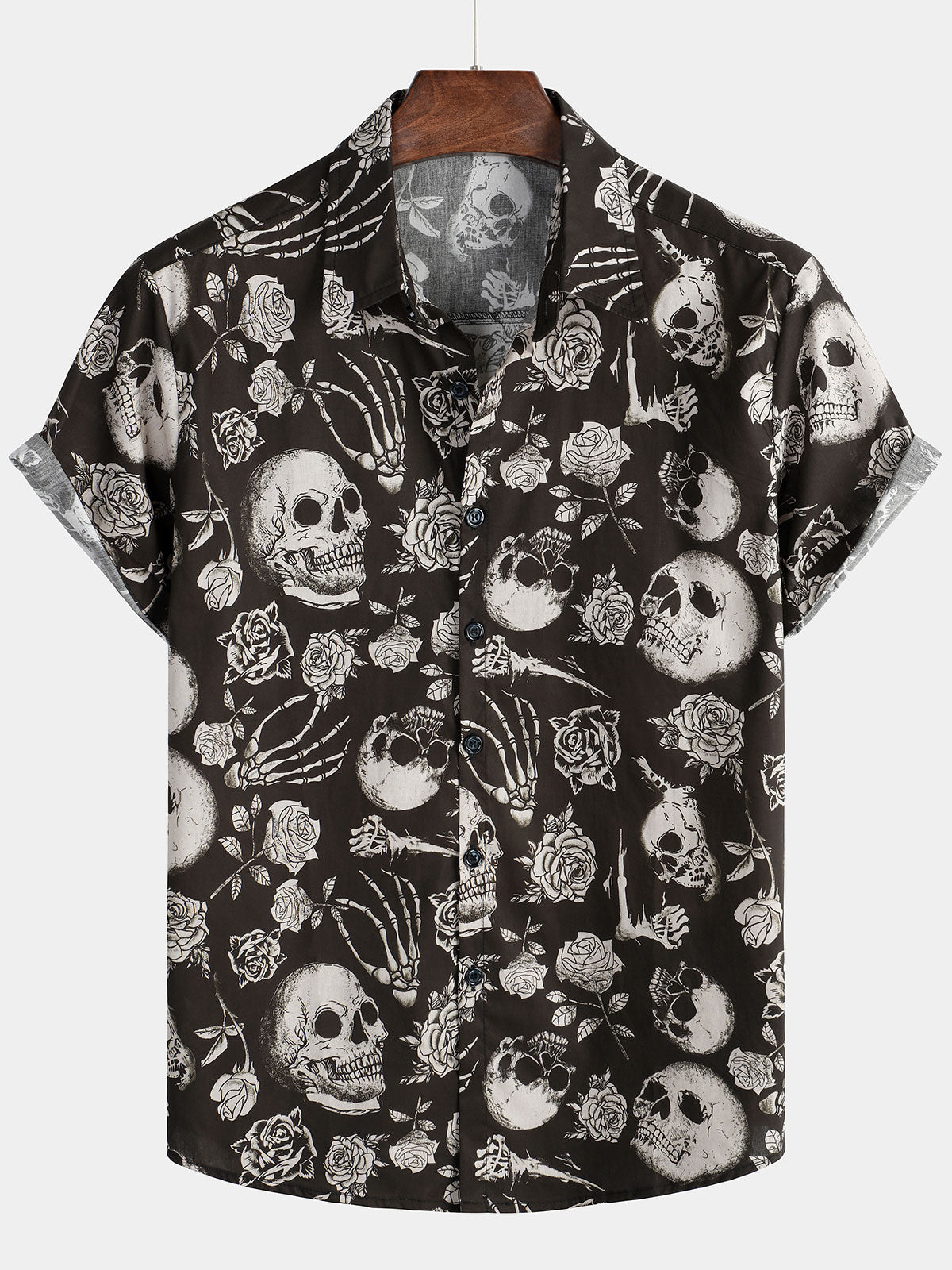 Camisa Skull Rose floral Punk Rock and Roll Cool Button Up para hombre