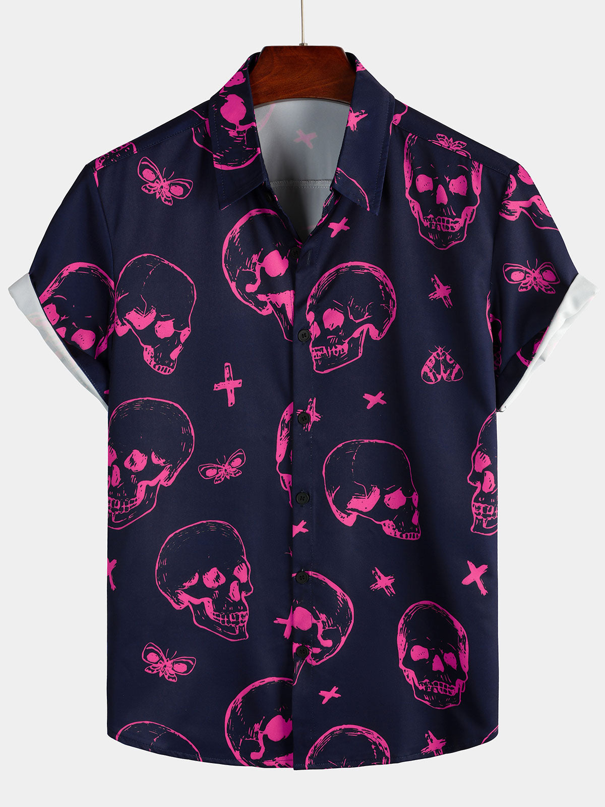 Camisa Pink Skull estampado Art Graphic Button de manga corta Aloha Hawaiian para hombre