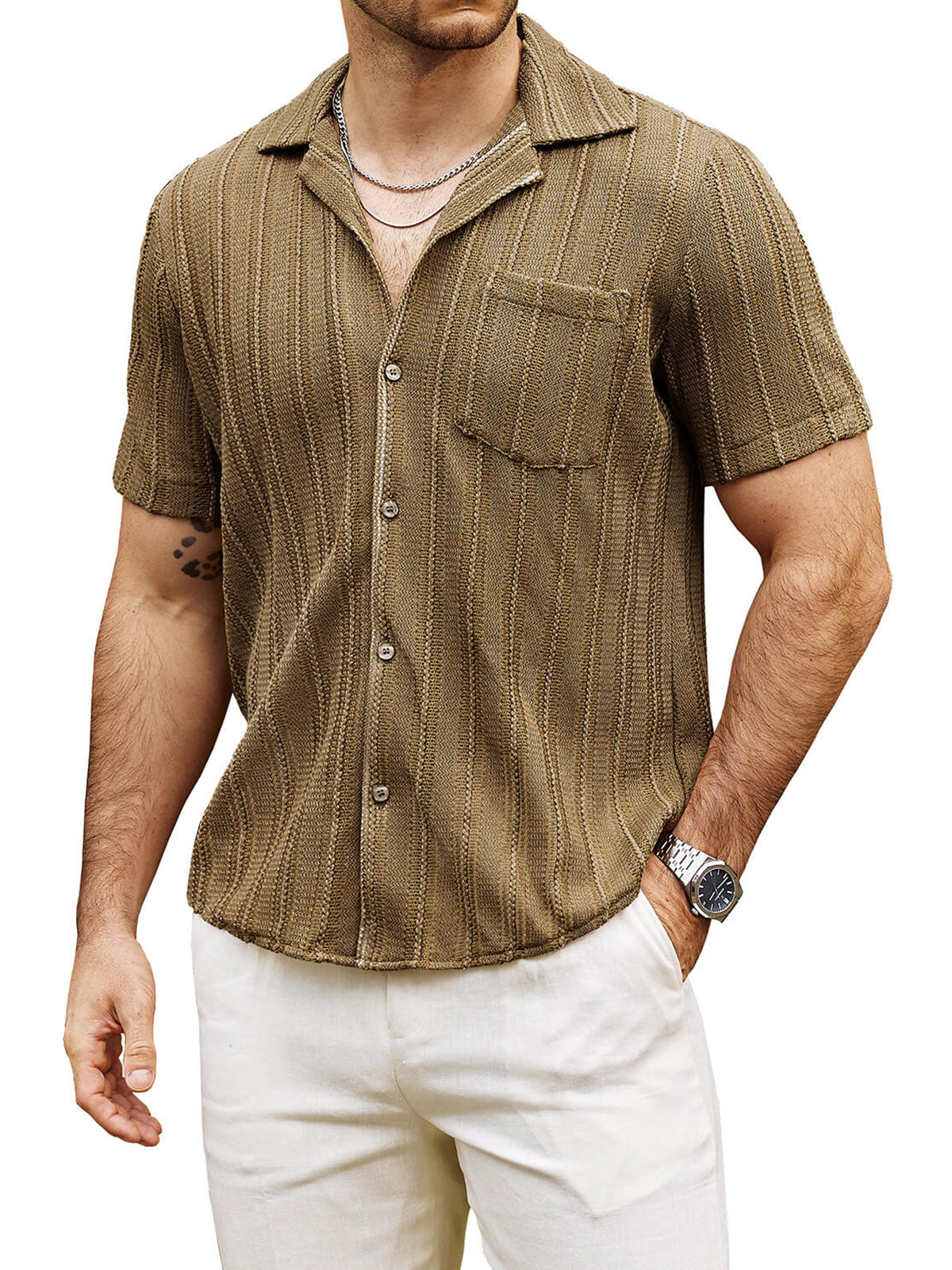 Camisa Summer Lace de manga corta casual Button Up Beach para hombre