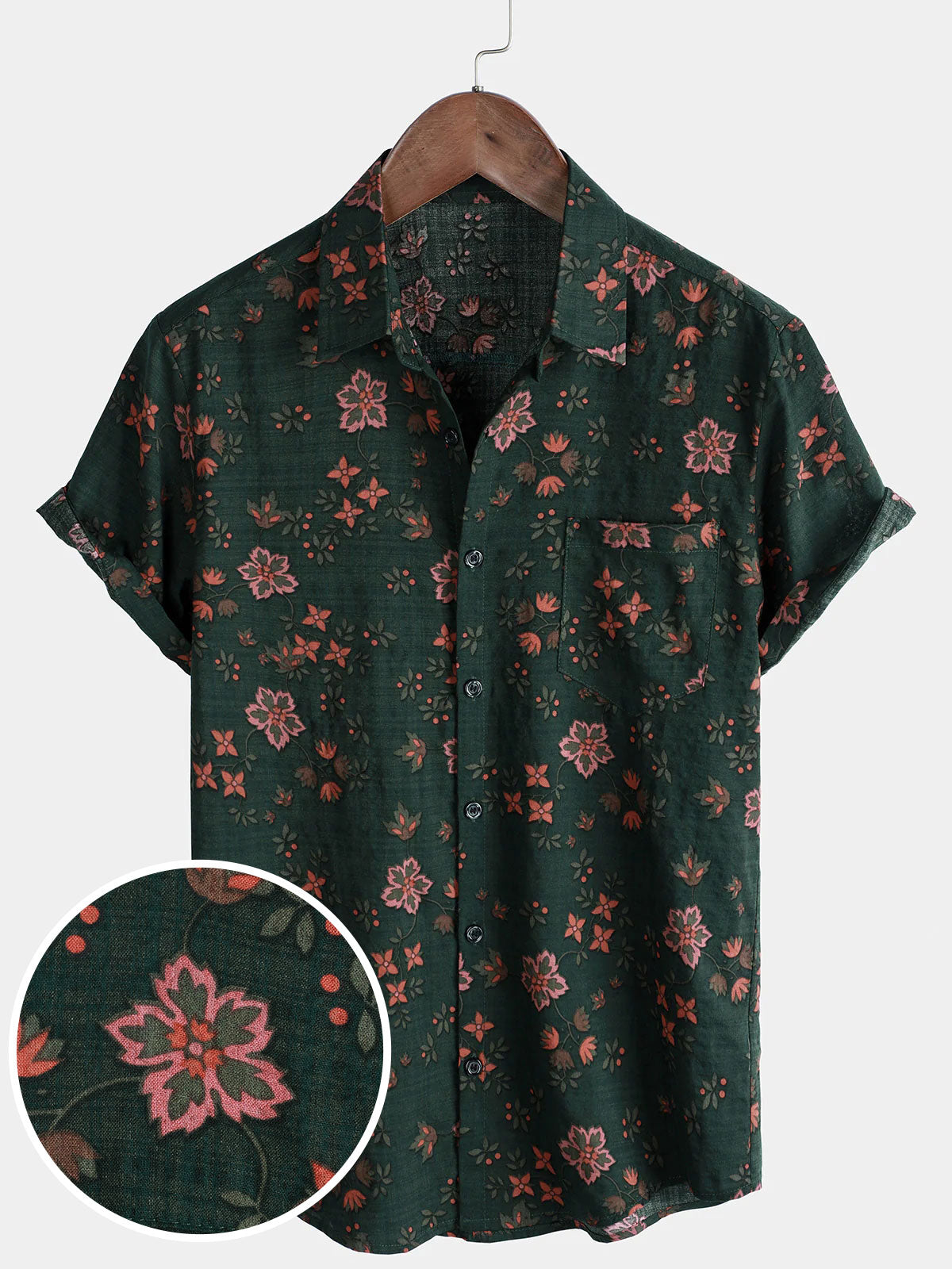Camisa floral estampado vintage Holiday Green Hawaiian de manga corta para hombre