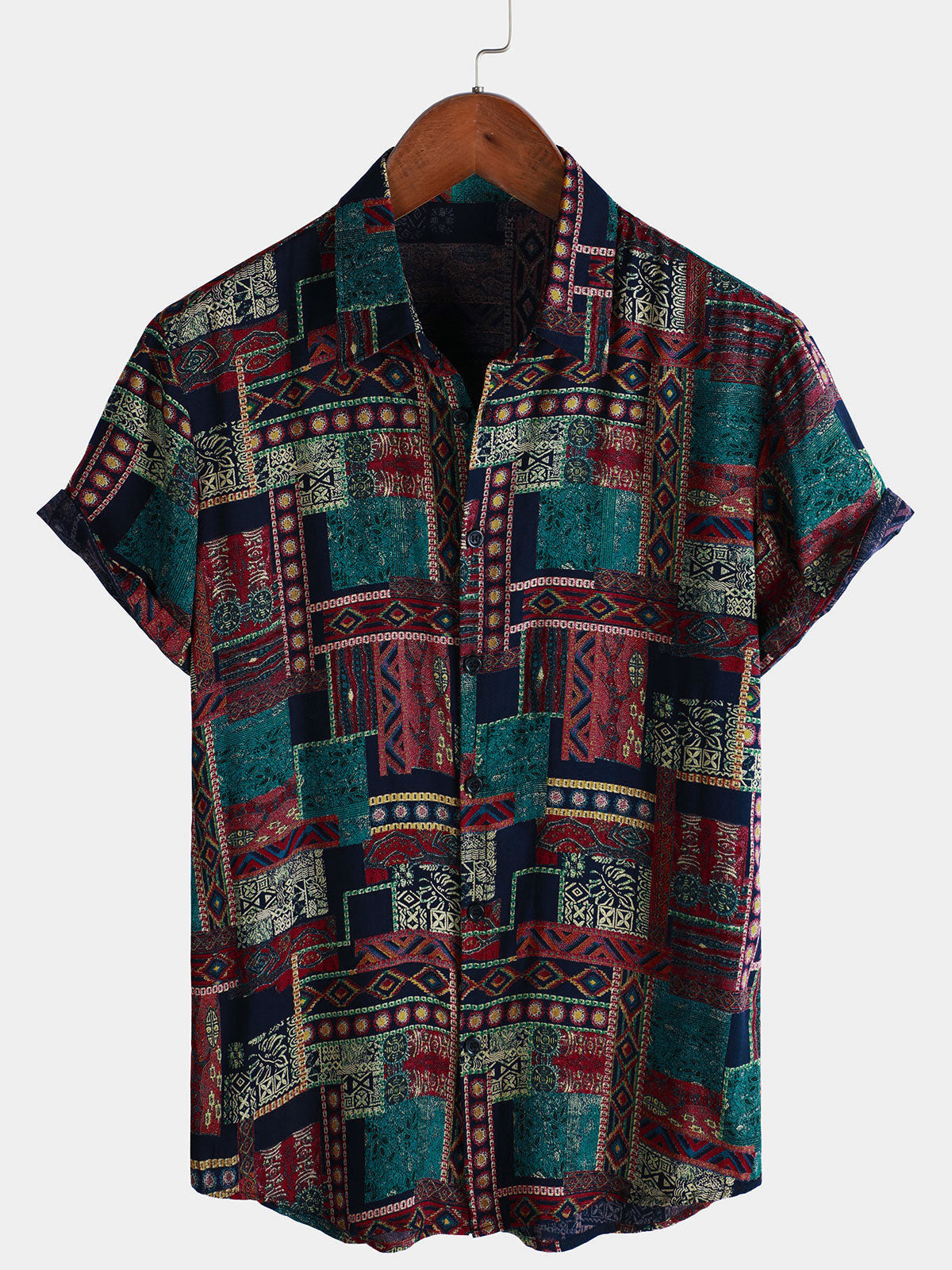 Camisa retro Holiday transpirable Ethnic Hawaiian de manga corta para hombre