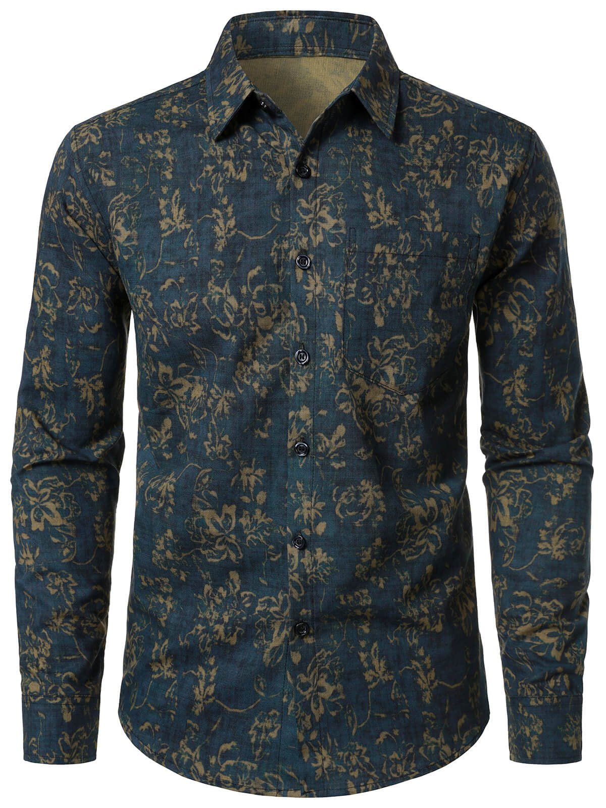 Camisa retro floral estampado Pocket de manga larga para hombre