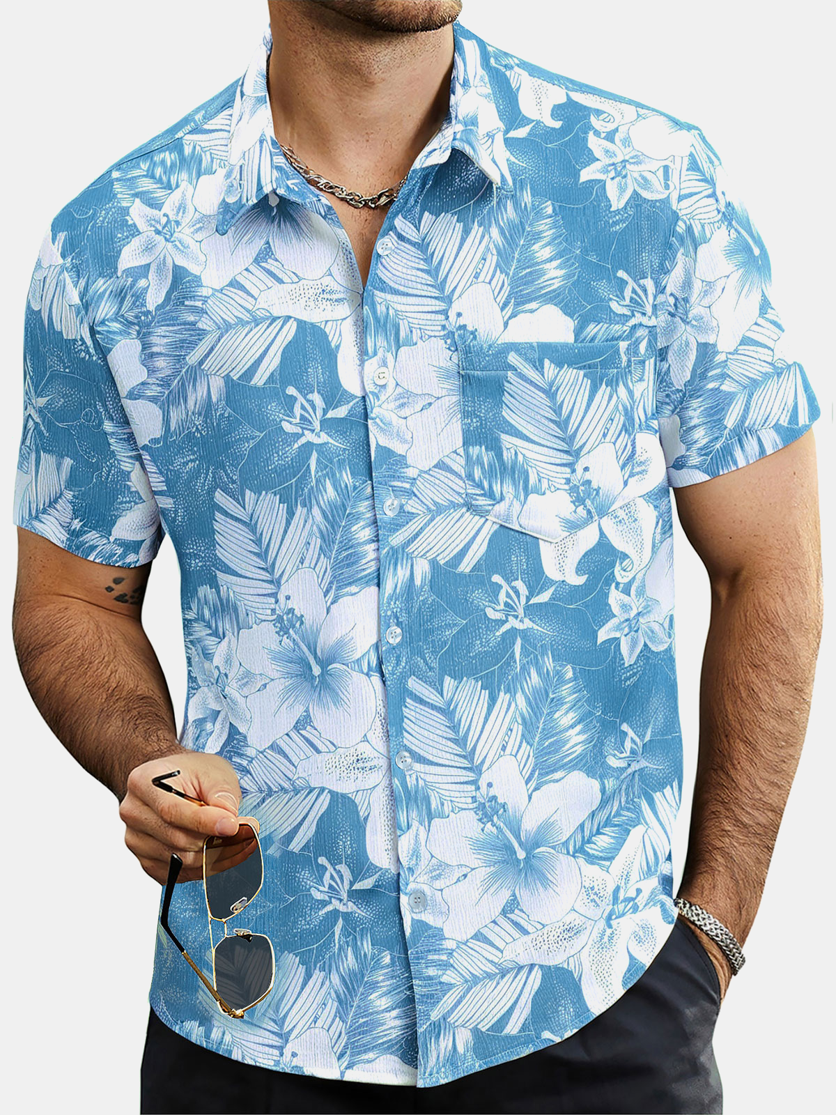 Camisa Blue Tropical estampado Summer Beach de manga corta para hombre
