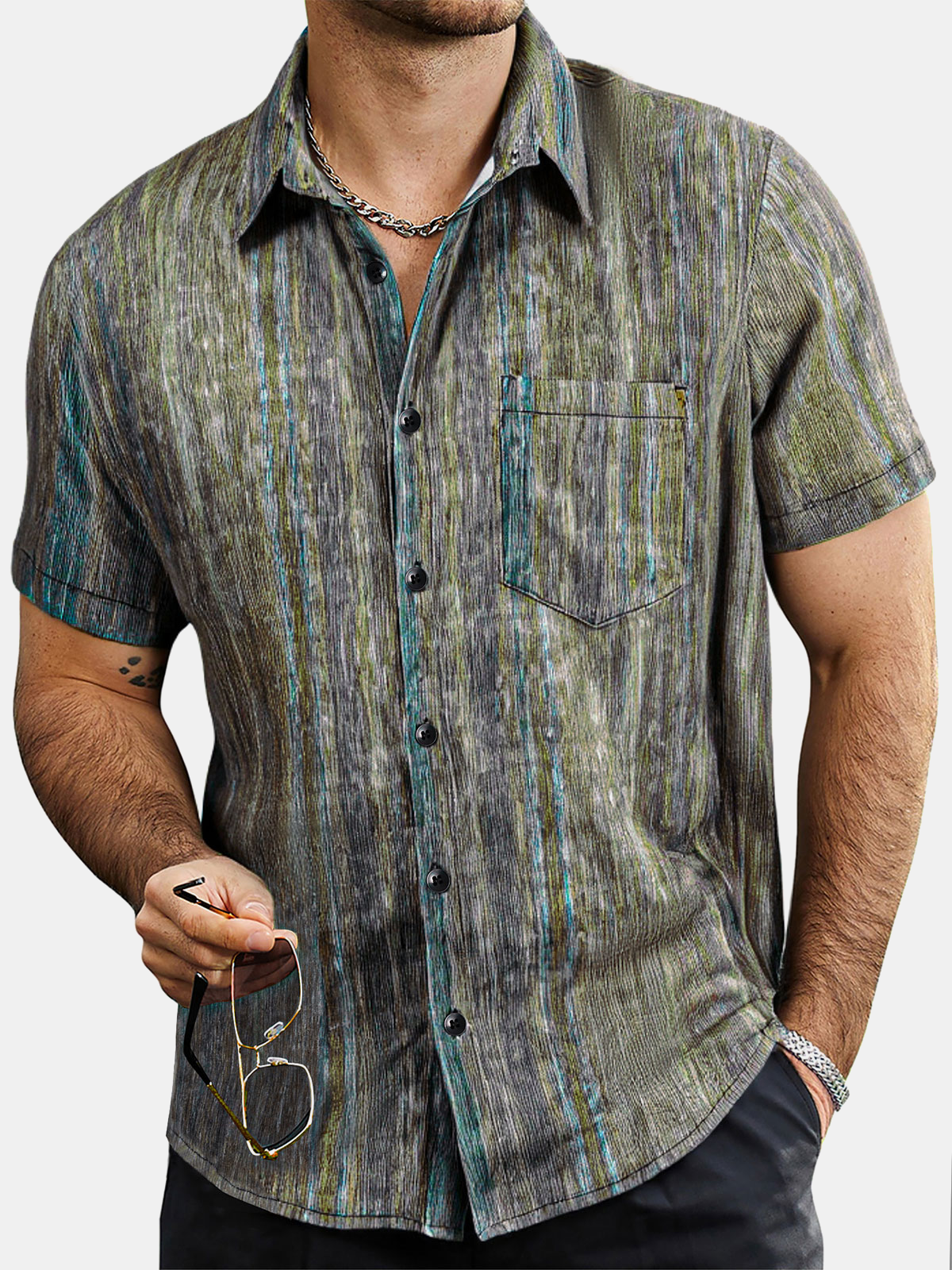 Camisa vintage Green a rayas Hawaiian Button Up de manga corta para hombre