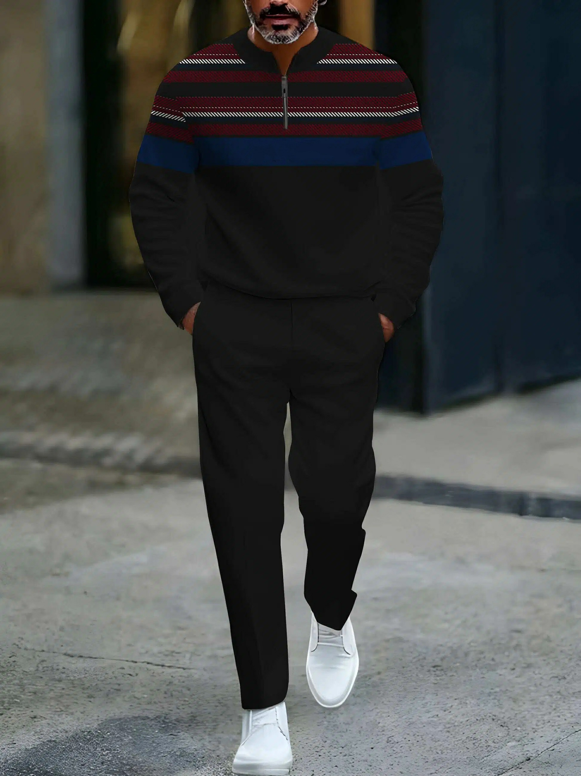 Conjunto de dos piezas casual Black Blue Red Color Matching a rayas vintage Pattenr Round-Neck cierre de manga larga Tops & Trousers para hombre