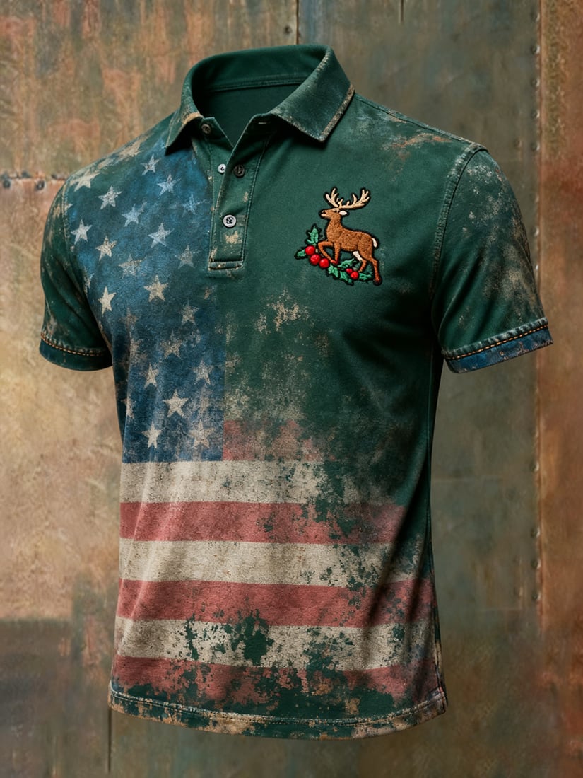 Camisa polo vintage Christmas American Flag con botones de manga corta para hombre