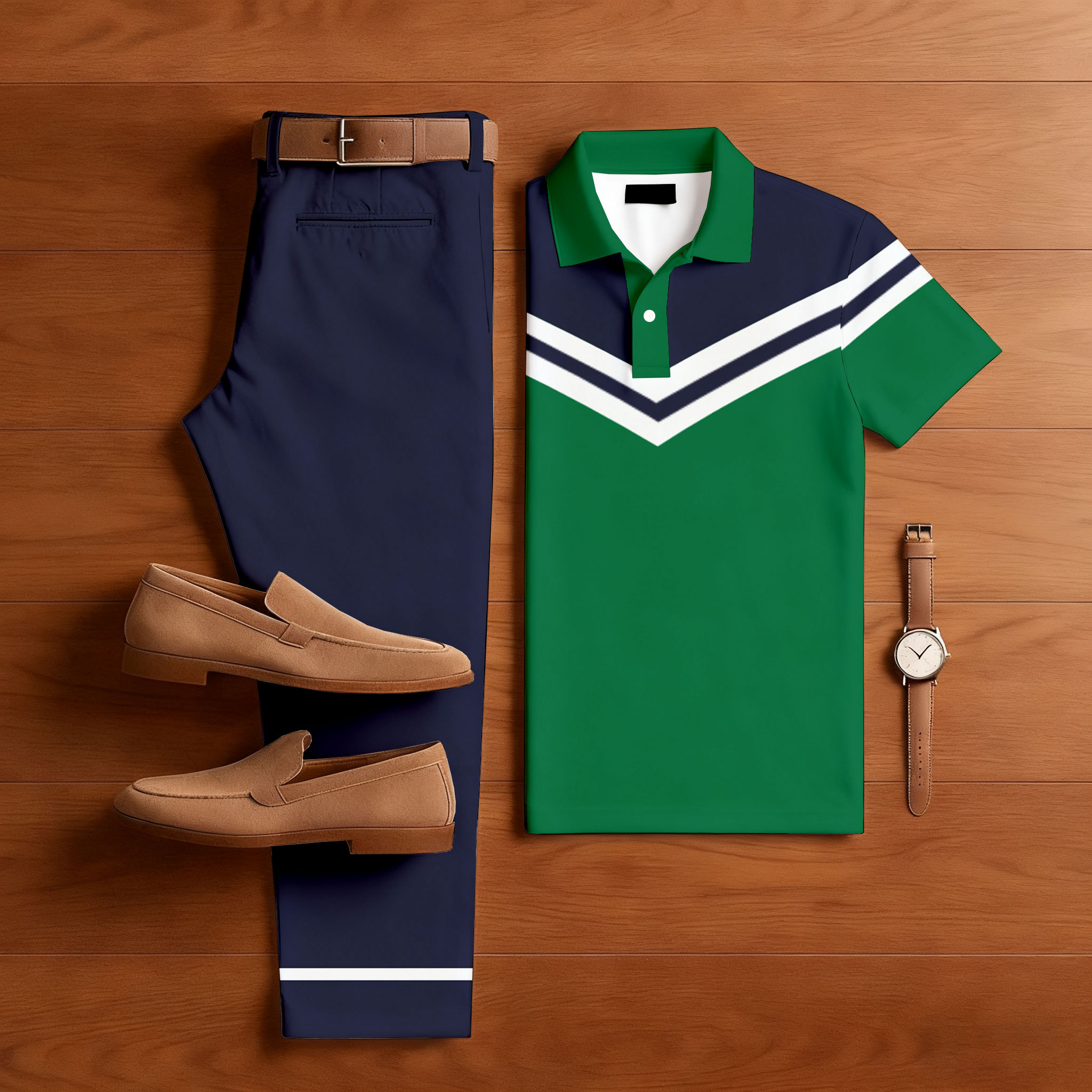Conjunto de dos piezas casual Color Matching estampado Polo-Collar de manga corta Trousers para hombre