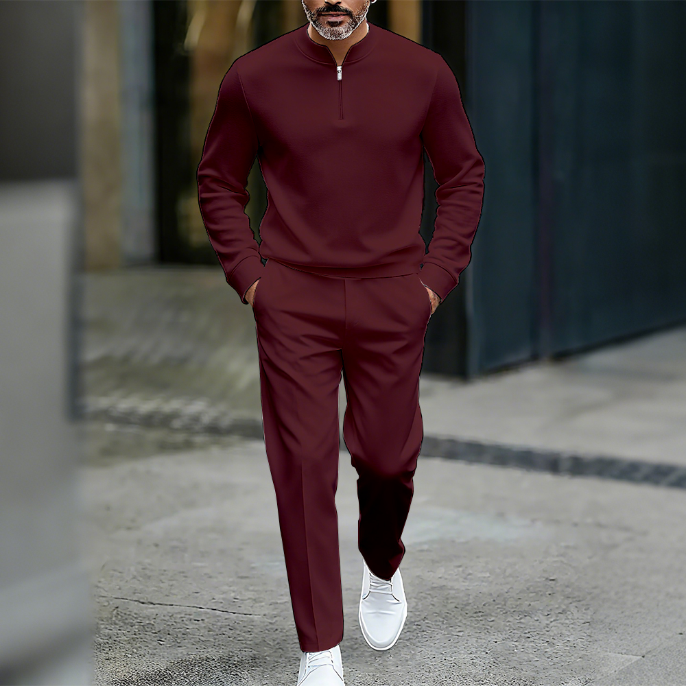 Conjunto de dos piezas casual de color sólido Round-Neck Zipper de manga larga Trousers para hombre