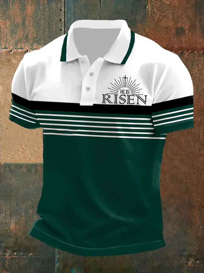 Camisa polo retro “He Is Risen�? casual estampado para hombre
