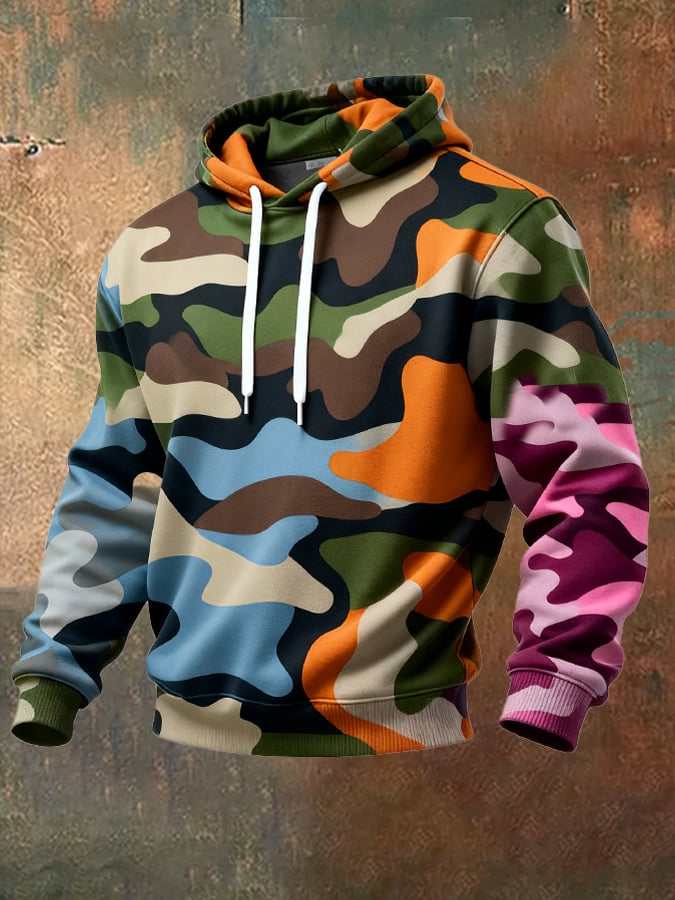 Sudadera retro desgastado en bloques de color camuflaje estampado casual de manga larga para hombre
