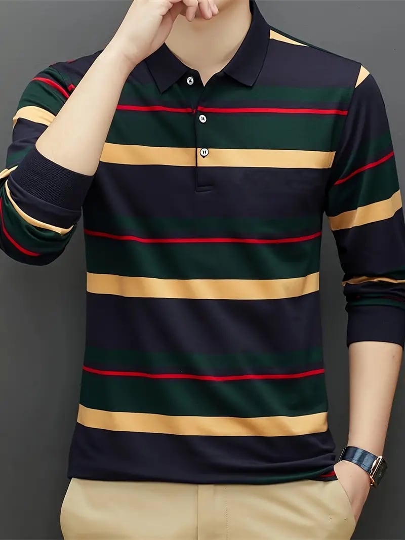 Camisa polo ejecutivo casual a rayas de manga larga para hombre