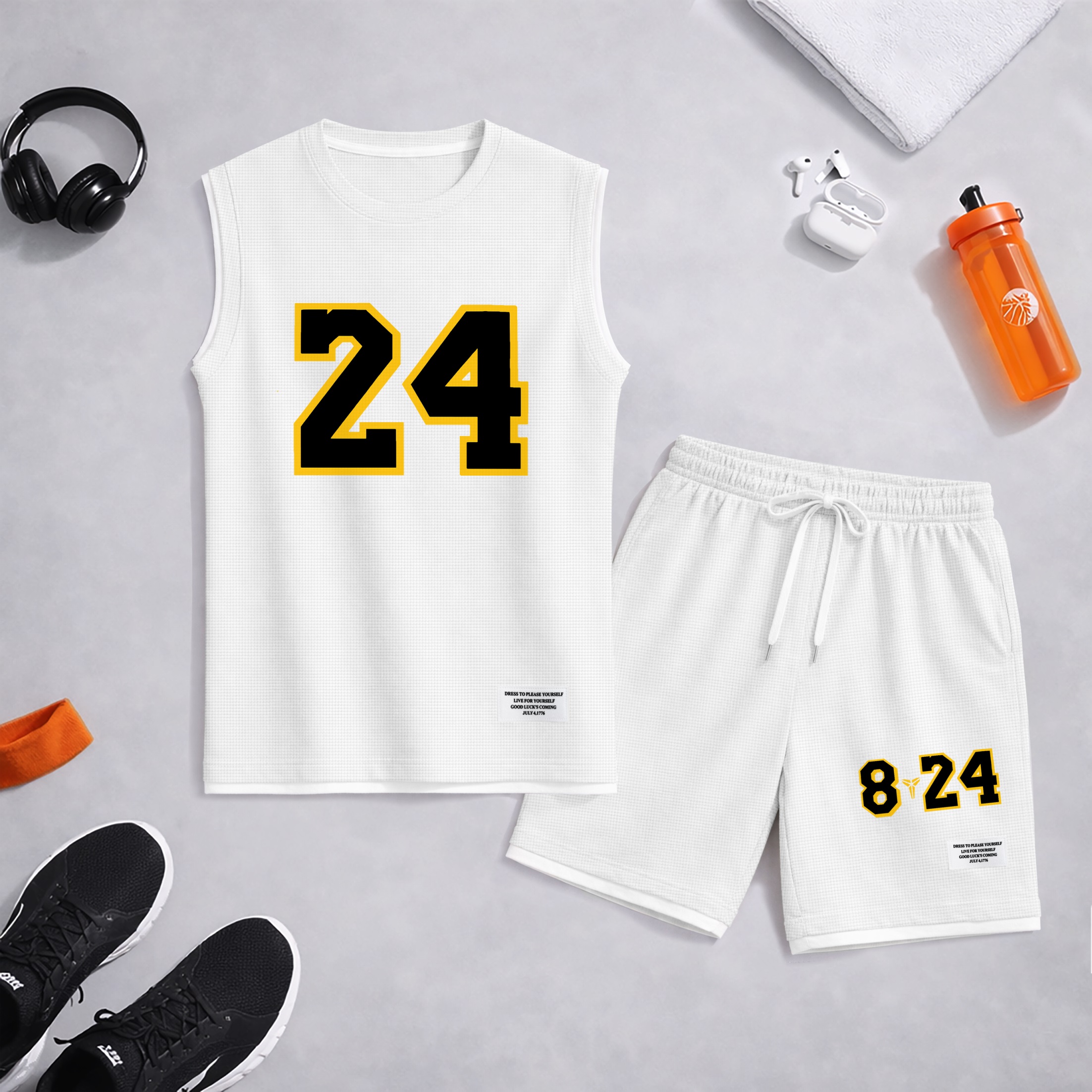 Shorts Number 24 Graphic estampado Summer Set Sleeveless Tank Top & Matching Outfit, Basketball Style Double Number estampado Lightweight casual Streetwear Athletic Set for Everyday & para trabajoout para hombre