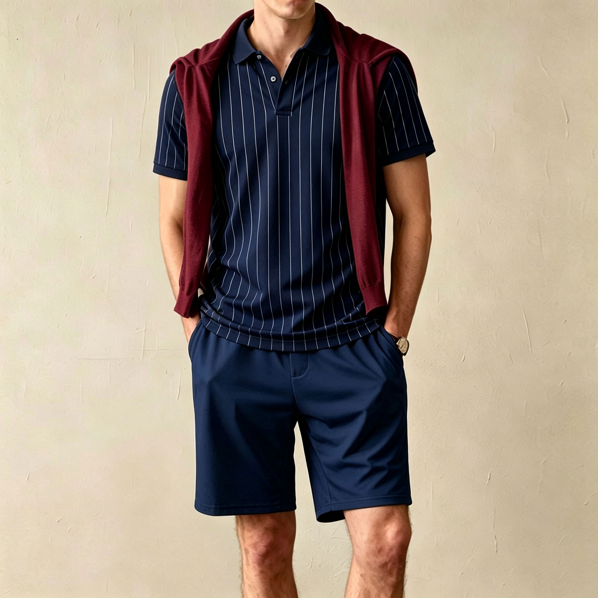Conjunto de dos piezas casual a rayas estampado de manga corta camisa polo and shorts para hombre