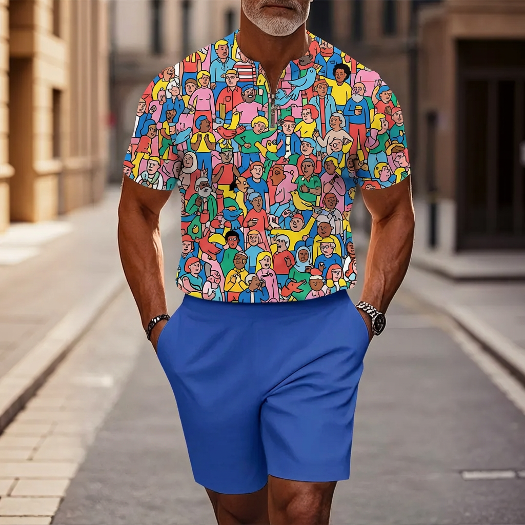 Conjunto de dos piezas casual Dark Blue Figure estampado Half-Zip de manga corta camiseta And shorts para hombre