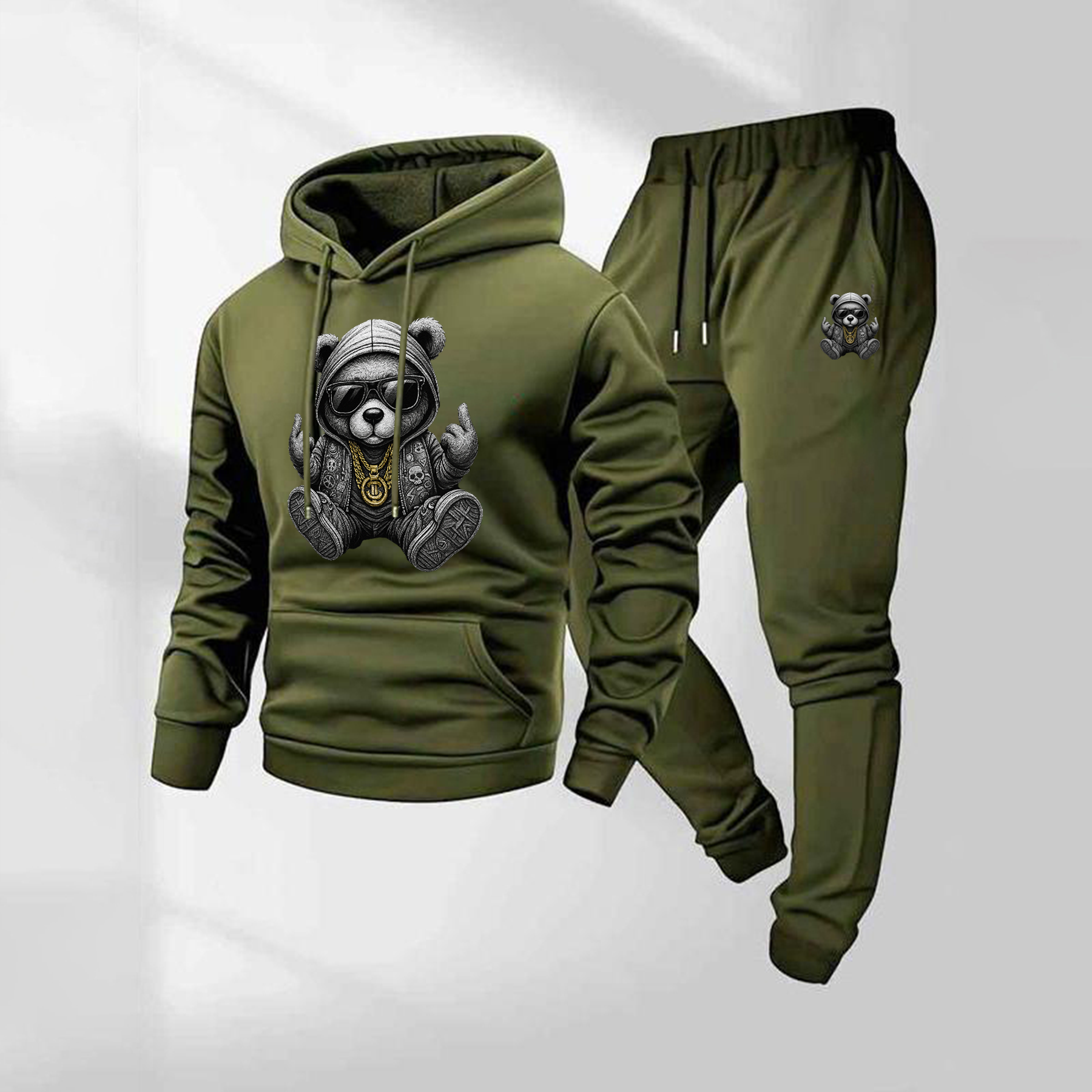 Sudadera con capucha Hip Hop Cartoon Bear Patterned And Drawstring Track pantalón Set, casual Athletic de manga larga Hooded chaqueta And pantalón, Suitable For Fall And Winter, Street Style sudadera con capucha Set, Indoor And para exterior Sportswear, para hombre