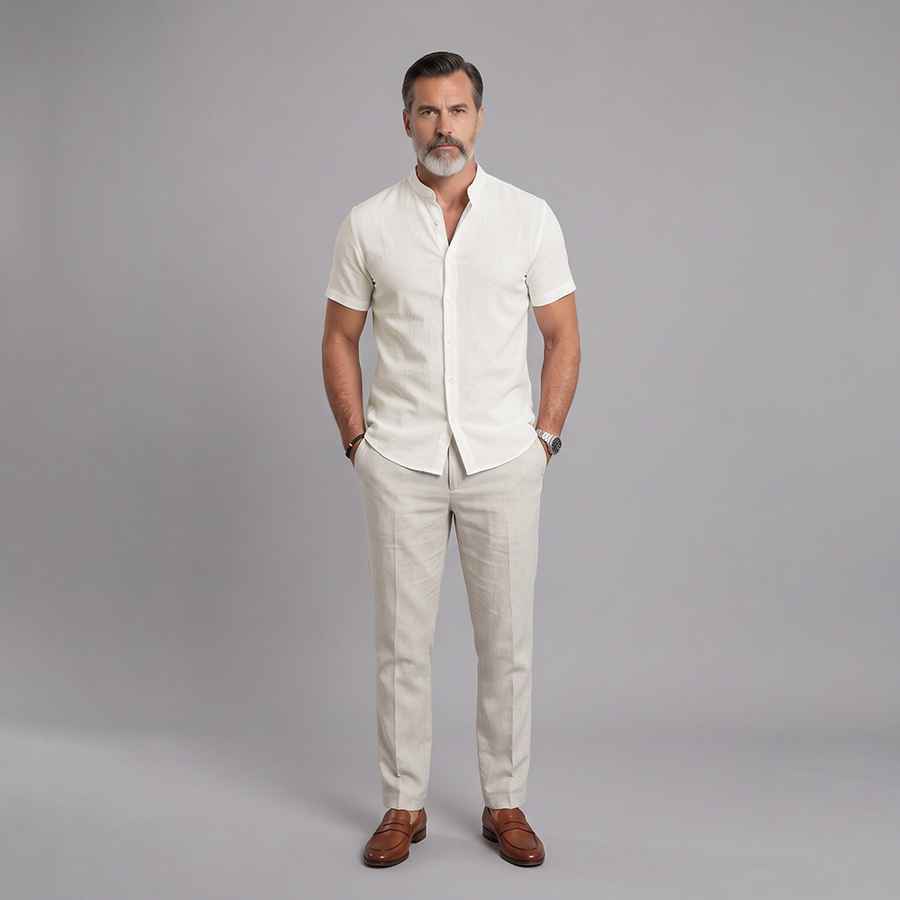 Camisa de manga corta with Stand-Up Collar: Lightweight, transpirable, and Textured para hombre
