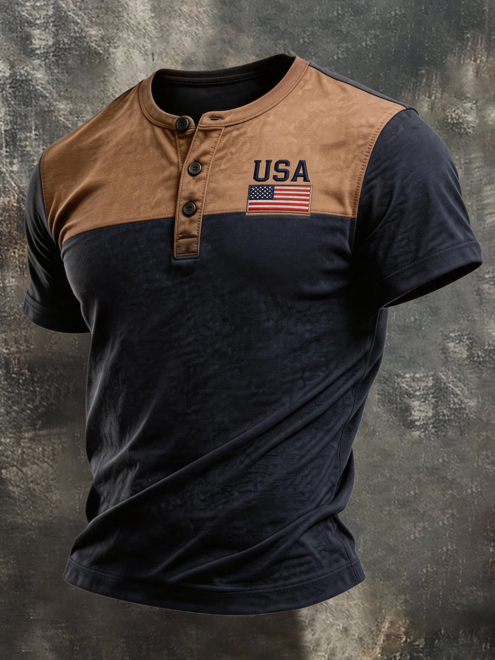 Camisa retro Patriotic Color-Block de manga corta Henley para hombre