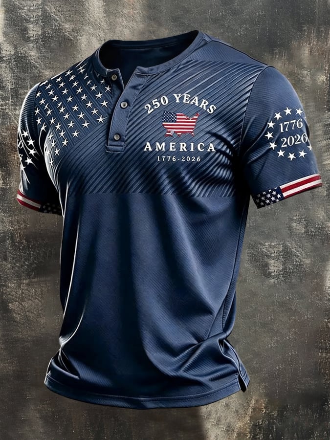 Camisa retro Patriotic Color-Block de manga corta Henley para hombre