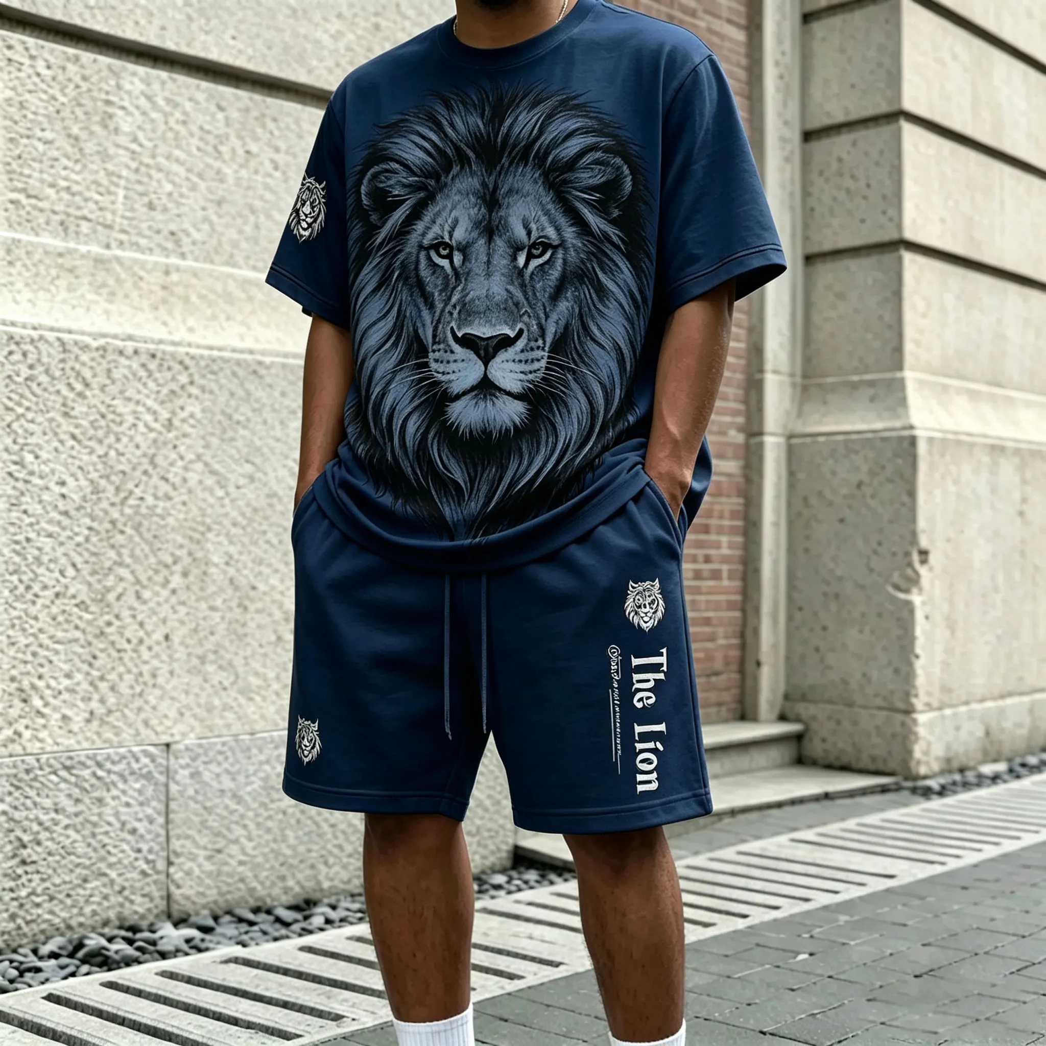 para hombre Navy Blue Lion-Print Round-Neck de manga corta camiseta and shorts Set