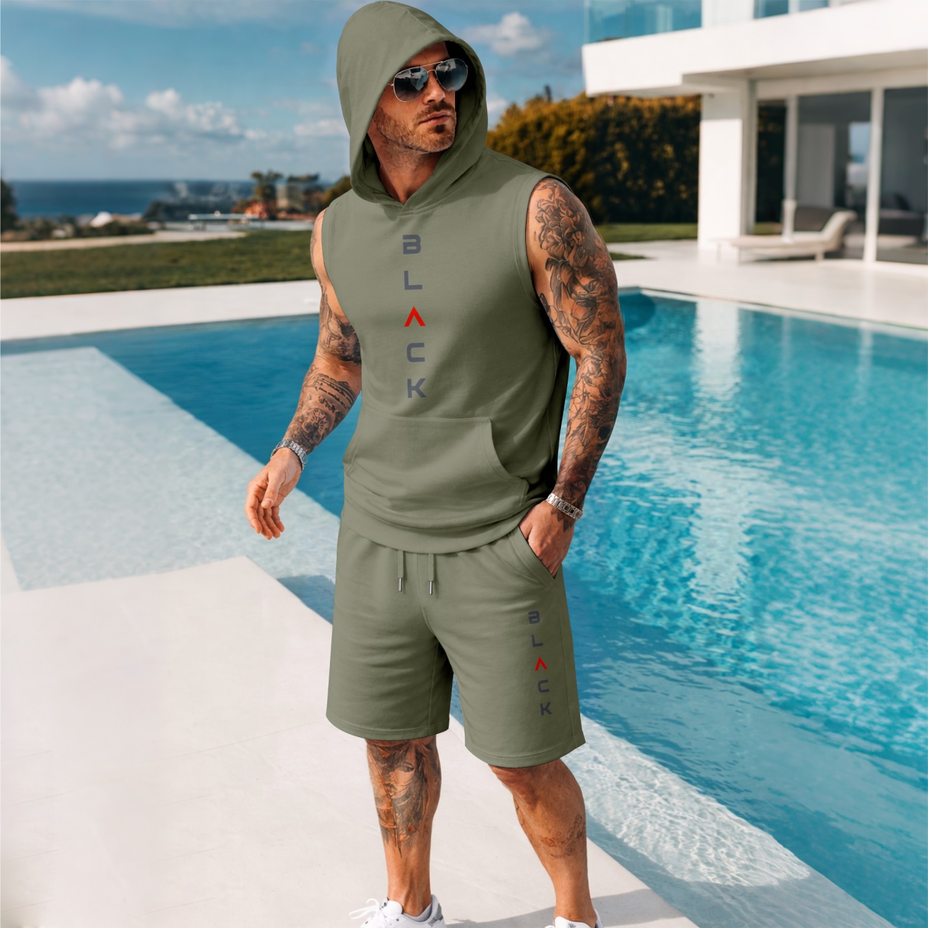 Sudadera con capucha Sleeveless & shorts Set – “BLACK” Vertical Graphic Design, casual Summer Streetwear, Regular Fit Two-Piece Tracksuit, Athletic para exterior Activewear, TikTok Trending Summer Outfit para hombre