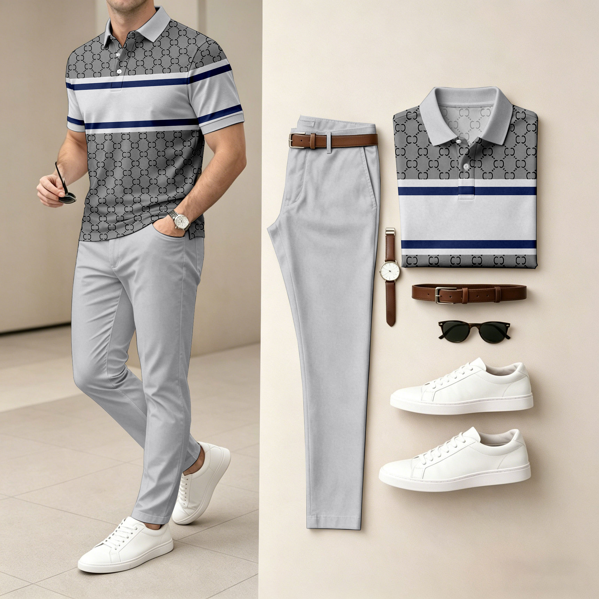 para hombre Color-Blocked de manga corta camisa polo and Long pantalón conjunto de dos piezas