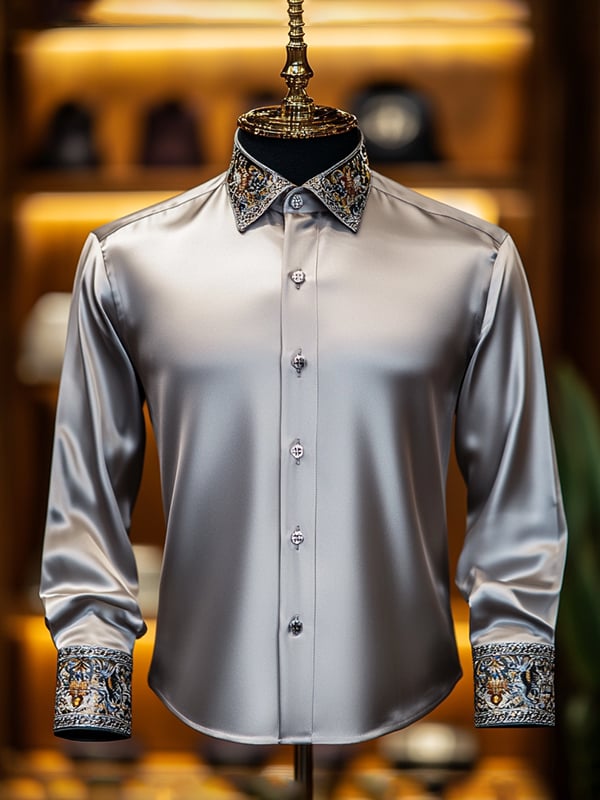 Camisa satén de lujo de color sólido ejecutivo de manga larga para hombre