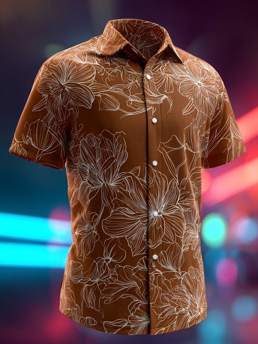 Camisa ejecutivo casual Brown floral solapa de manga corta para hombre