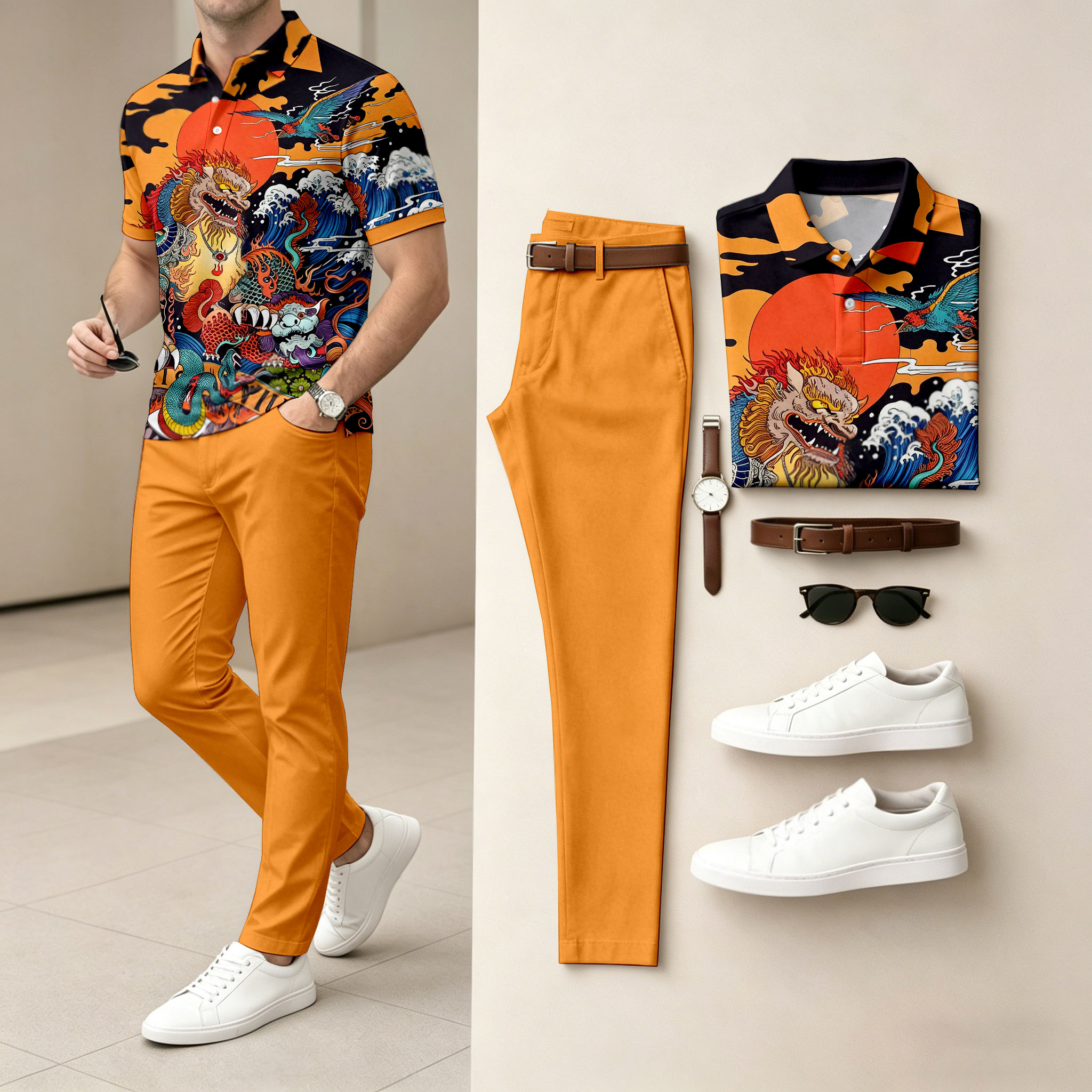 Camisa polo casual Red And Yellow Color-Blocked Mythical estampado de manga corta And pantalón Set (Excludes Accessories Such As Watches And Belts) para hombre