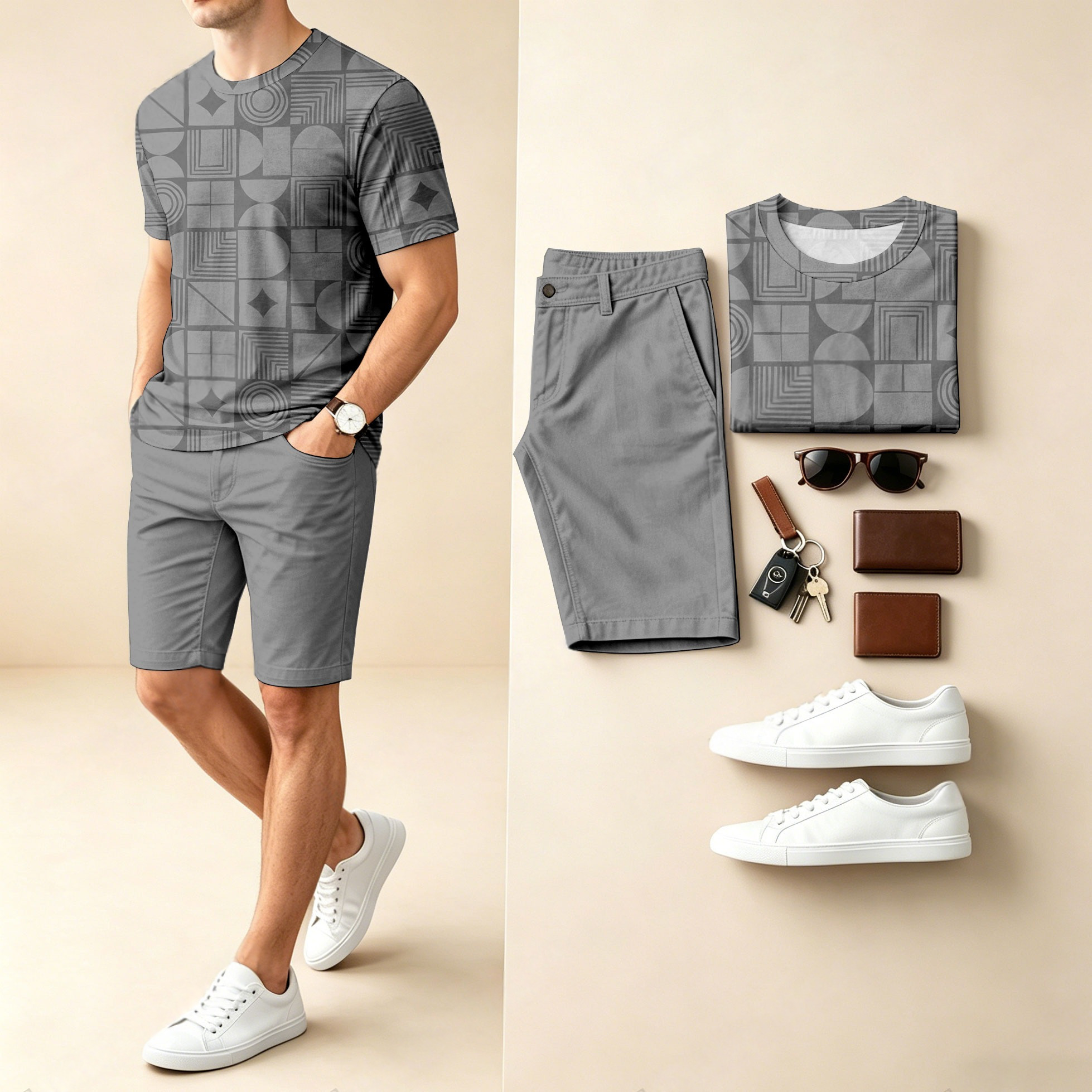 Conjunto de dos piezas casual Checkered estampado Round-Neck de manga corta camiseta And shorts para hombre