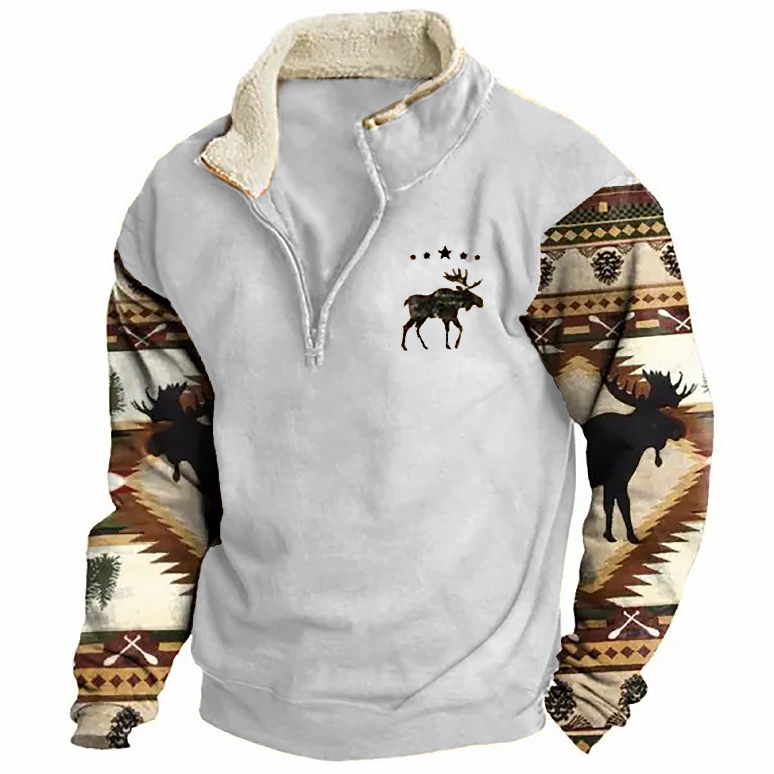 Sudadera retro Moose Creek Ethnic estampado Plush Half Open cuello Pullover para hombre