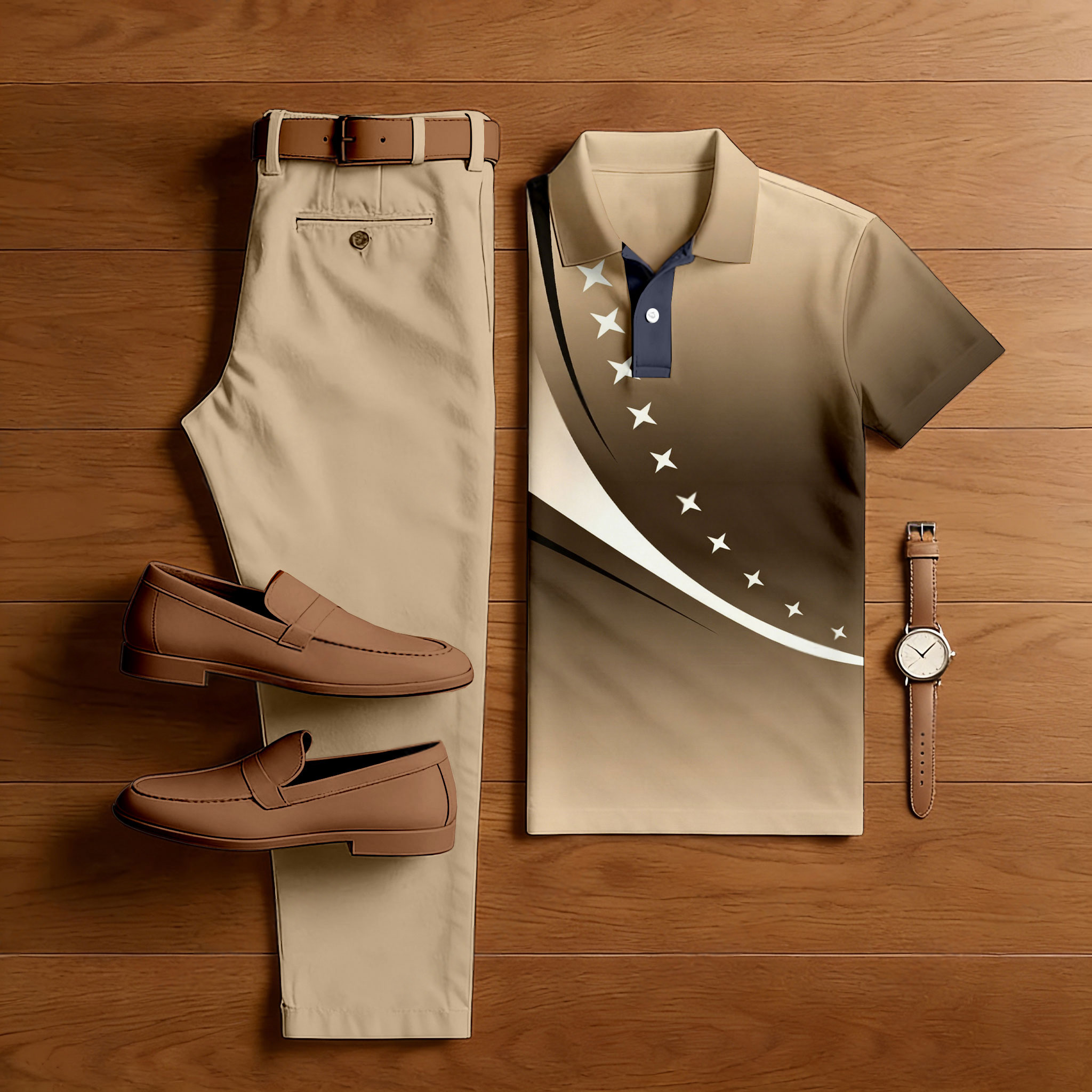 Conjunto de dos piezas casual Brown Star estampado camisa polo And pantalón para hombre