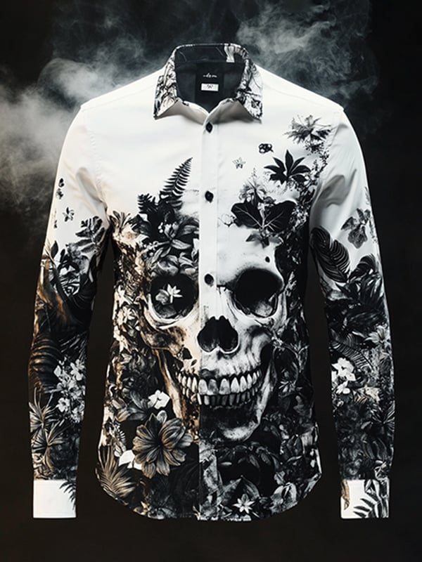 Camisa para exterior vintage Skull and floral de manga larga para hombre