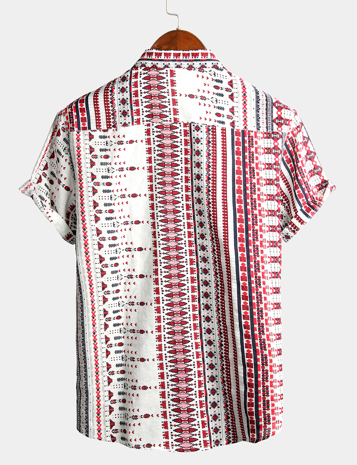 Camisa vintage de algodón Hawaiian White and Red a rayas Beach de manga corta para hombre