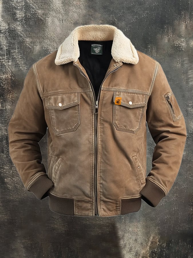 Chaqueta retro clásico desgastado casual Fur cuello bolsillo para hombre