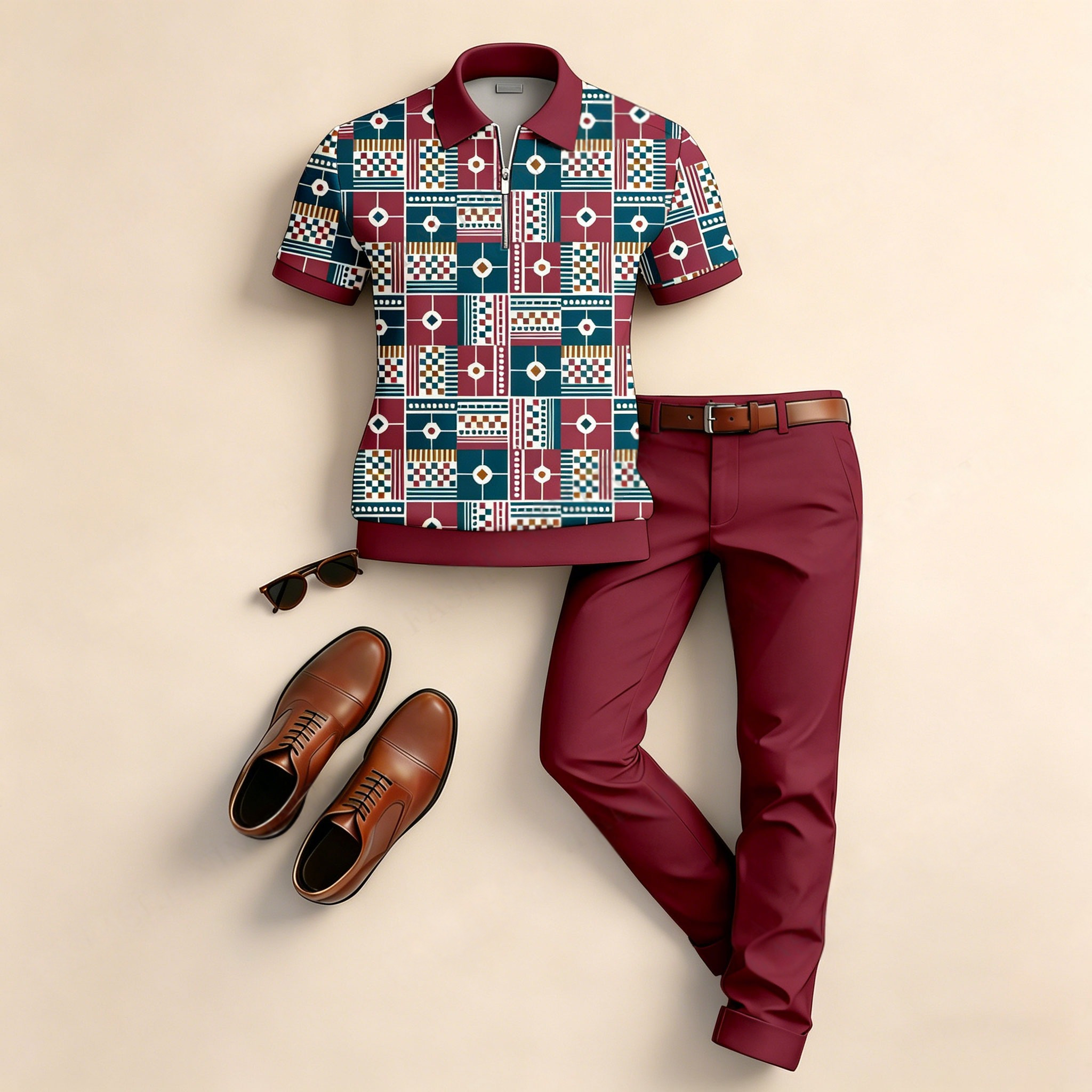 Camisa polo casual Color-Blocked estampado de manga corta And pantalón Set para hombre