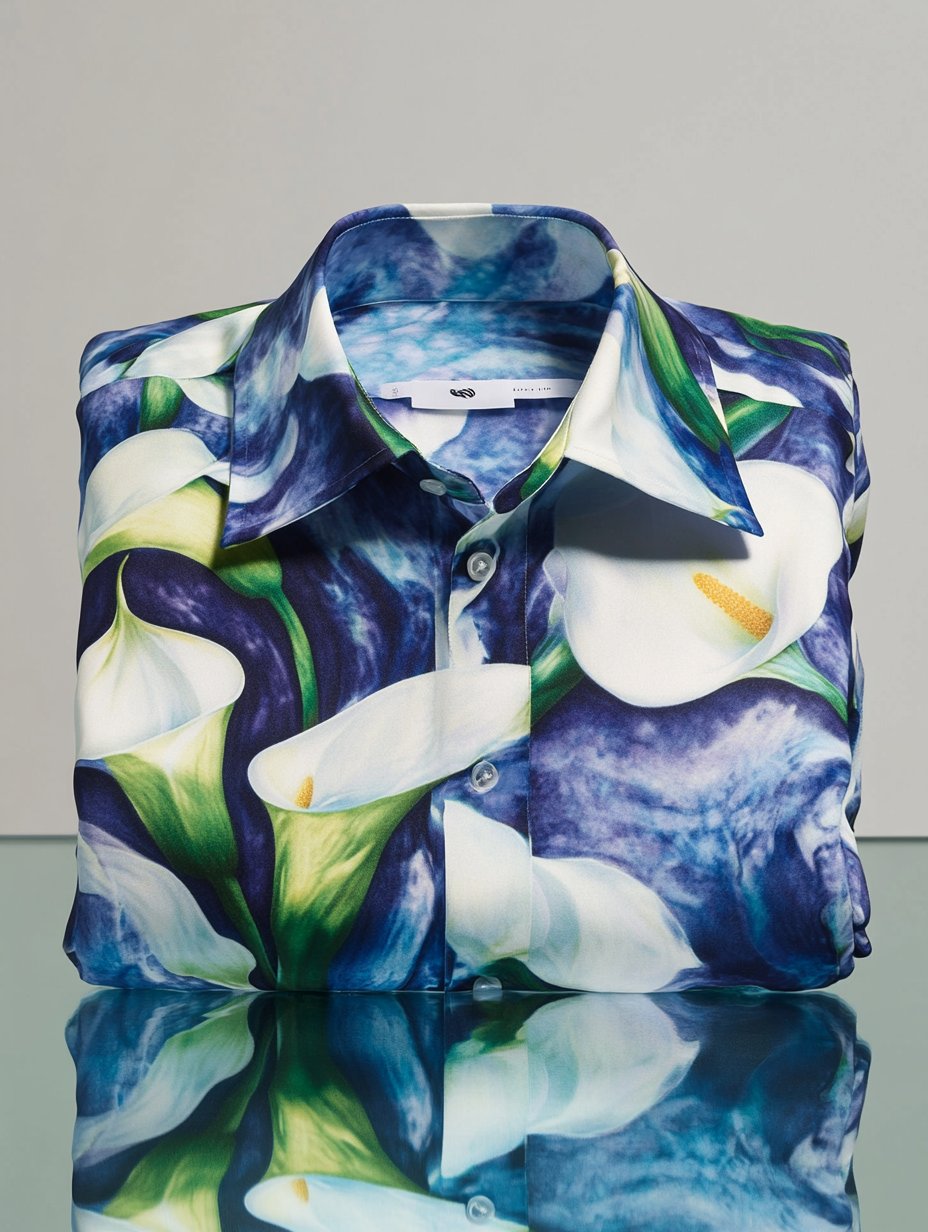 Camisa ejecutivo casual Calla Lily floral solapa de manga corta para hombre