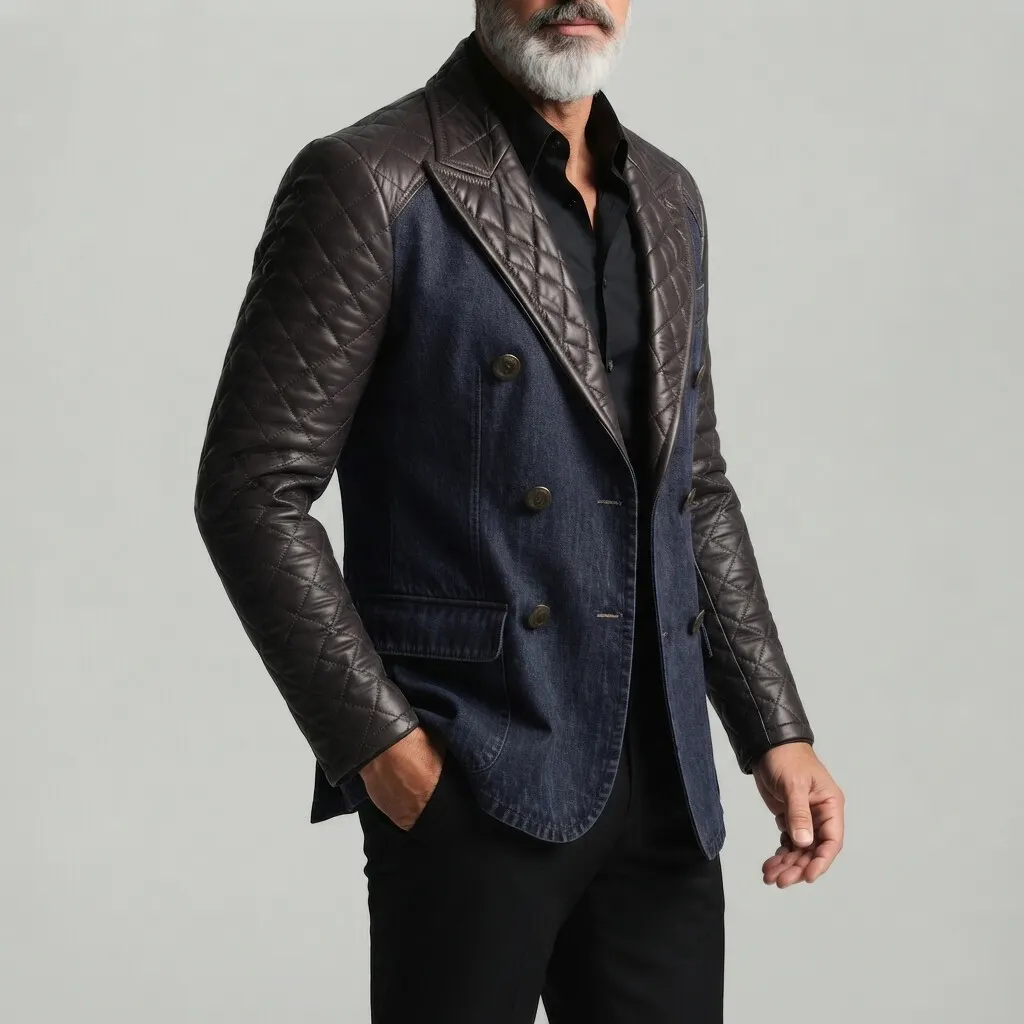 para hombre de moda Peak Lapel Double Breasted Quilted PU Leather Contrast Spliced Denim saco